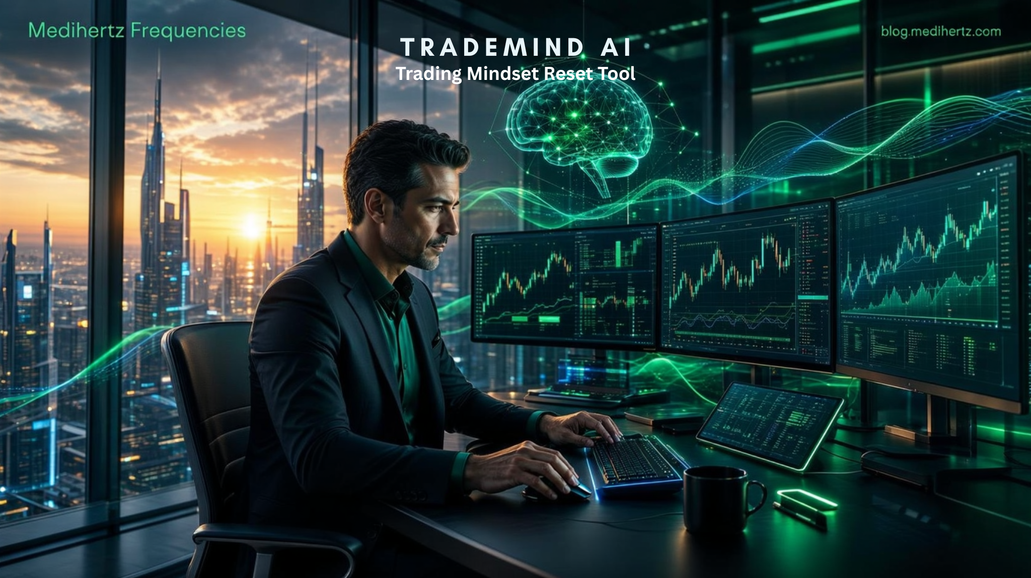 Trader using the Trading Mindset Reset Tool with calming frequency visualizations to improve focus, discipline, emotional control, and decision making before trading.