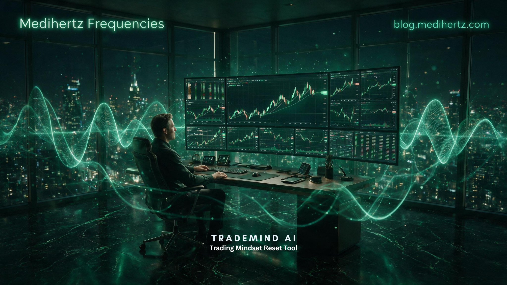 Trader using the Trading Mindset Reset Tool with calming frequency visualizations to improve focus, discipline, emotional control, and decision making before trading.