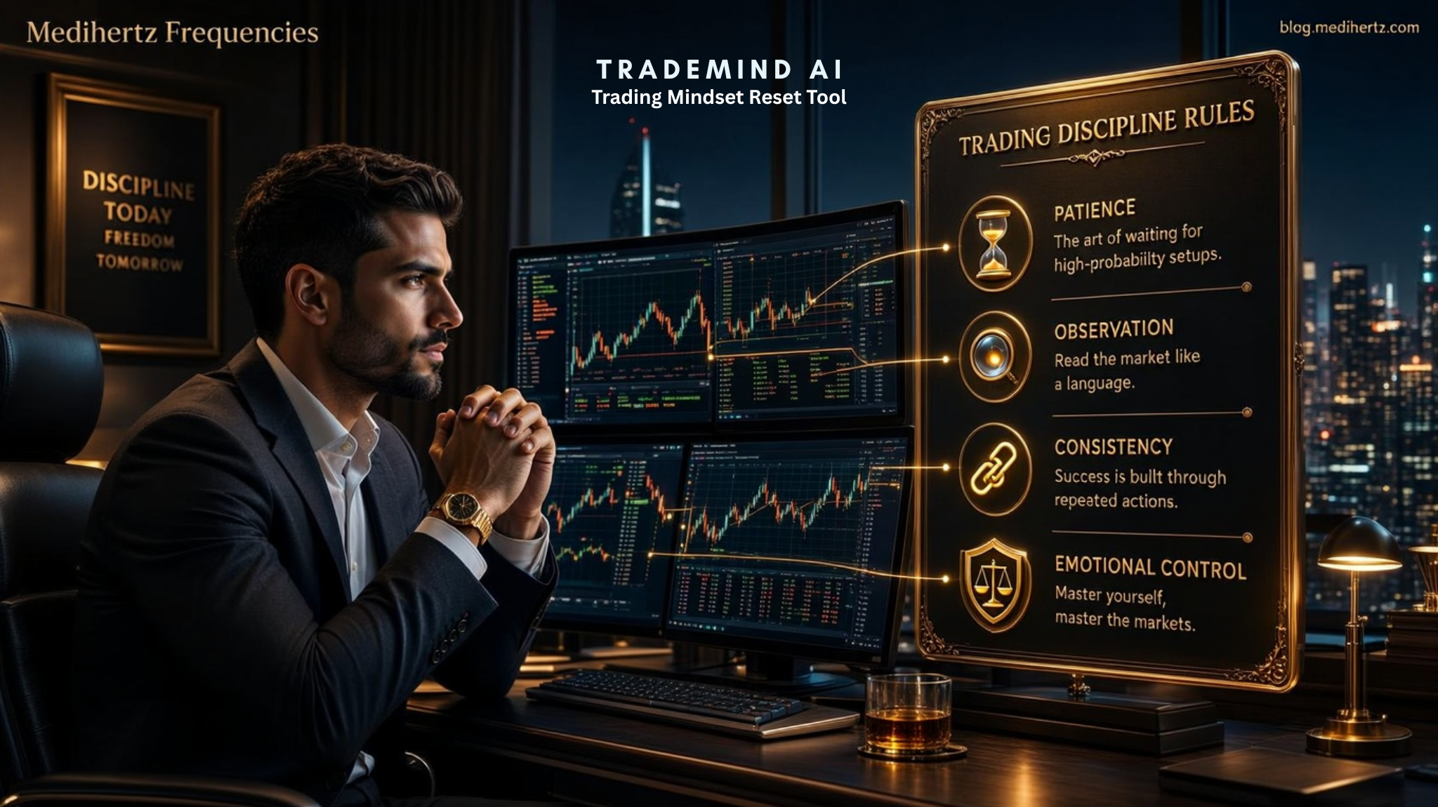 Trader using the Trading Mindset Reset Tool with calming frequency visualizations to improve focus, discipline, emotional control, and decision making before trading.