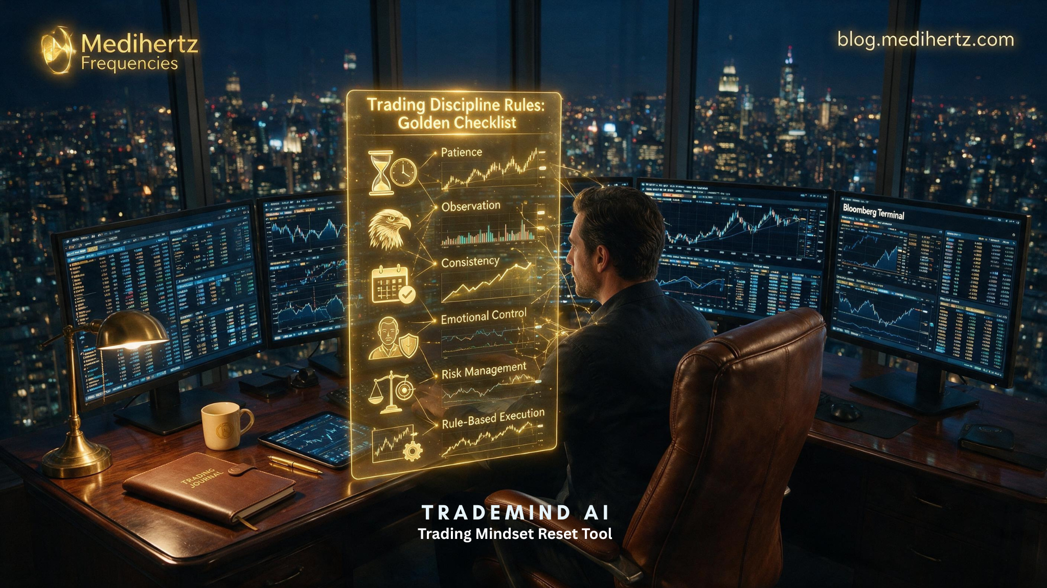 Trader using the Trading Mindset Reset Tool with calming frequency visualizations to improve focus, discipline, emotional control, and decision making before trading.