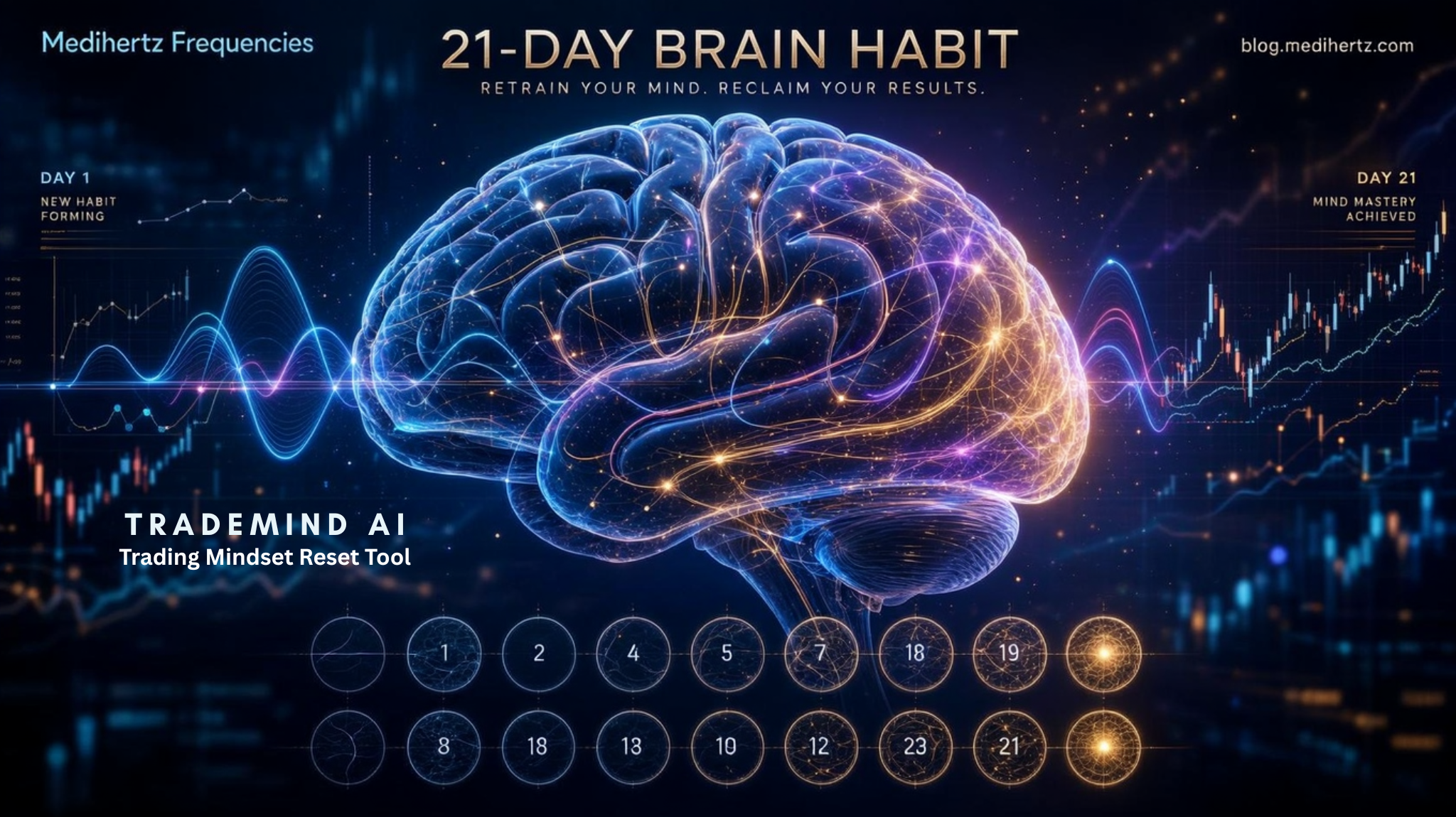 Trader using the Trading Mindset Reset Tool with calming frequency visualizations to improve focus, discipline, emotional control, and decision making before trading.