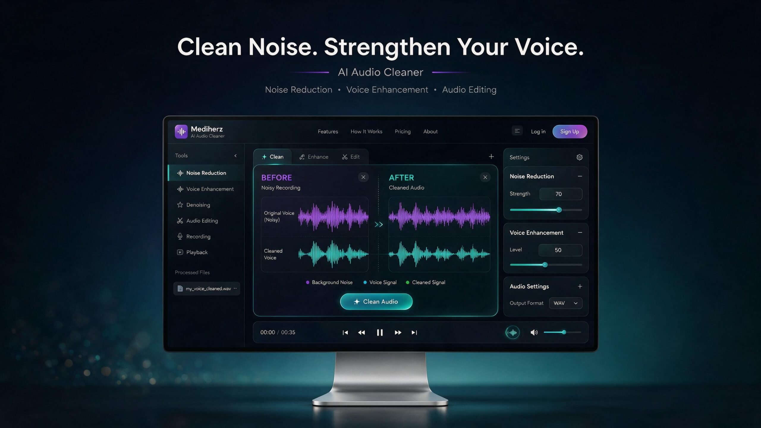 Medihertz AI Audio Cleaner online tool for removing background noise and enhancing voice recordings