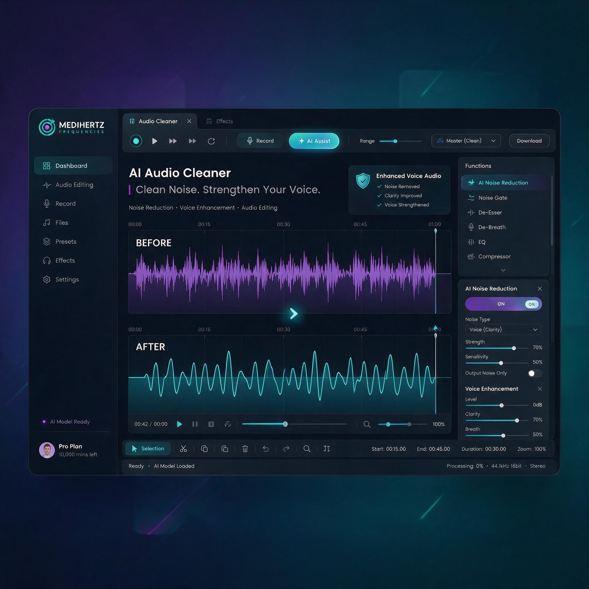 Medihertz AI Audio Cleaner online tool for removing background noise and enhancing voice recordings
