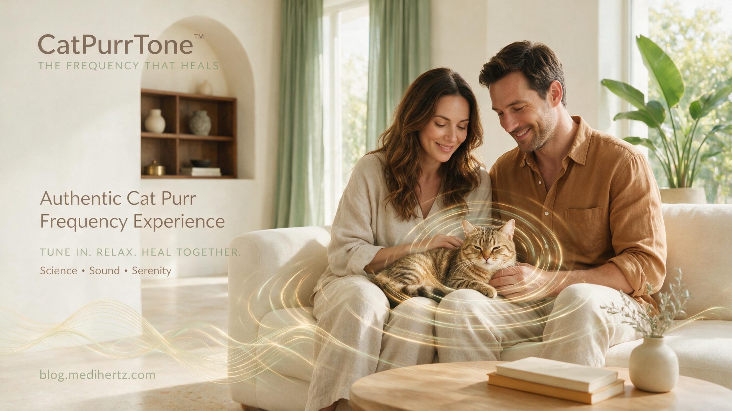 CatPurrTone authentic cat purr frequency wellness experience with a peaceful couple and cat