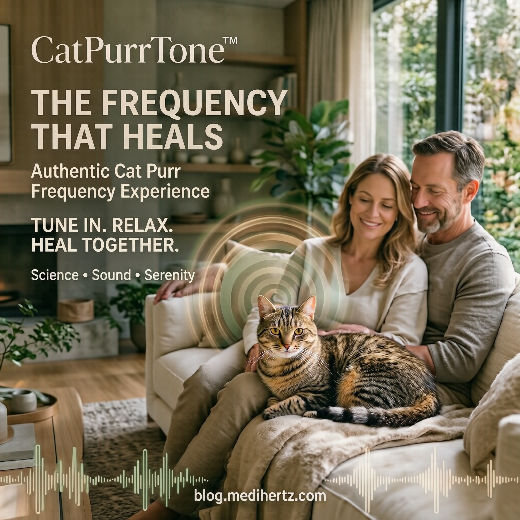 CatPurrTone authentic cat purr frequency wellness experience with a peaceful couple and cat