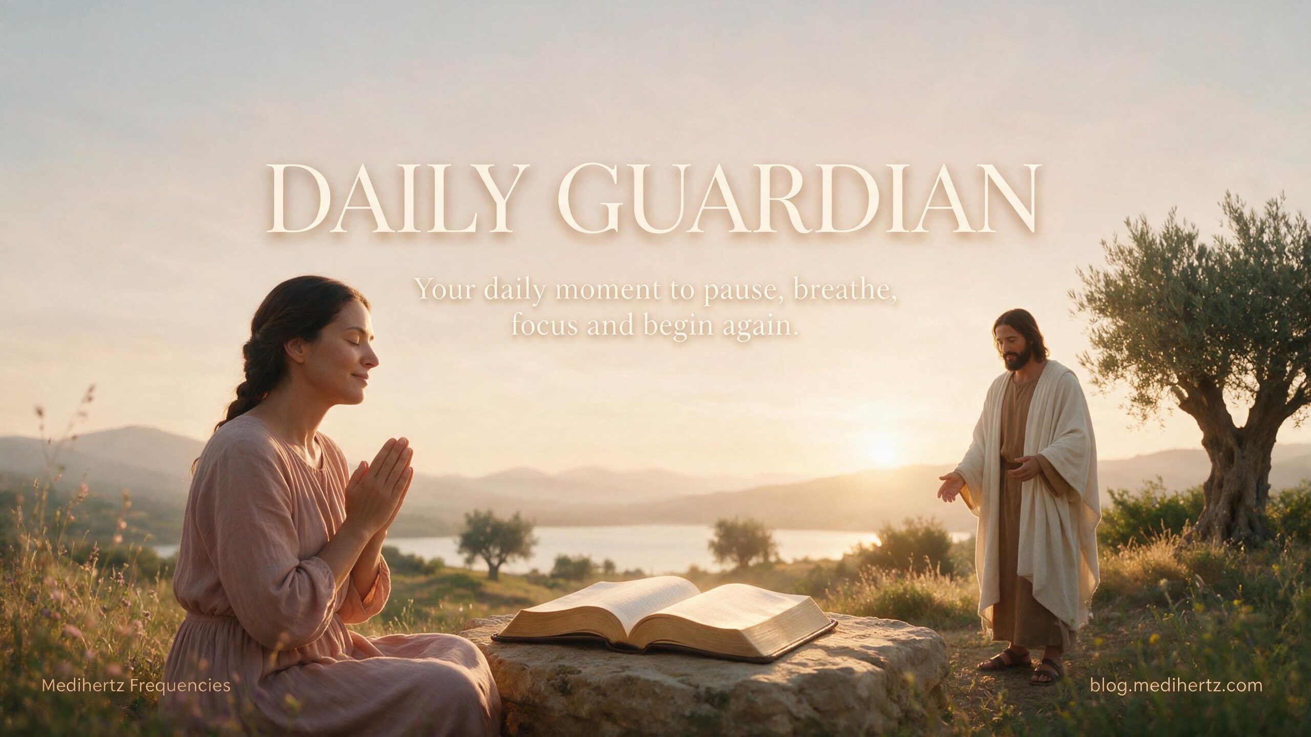 Jesus smiling in a beautiful golden spiritual garden for God's Message for Me Today Daily Guardian