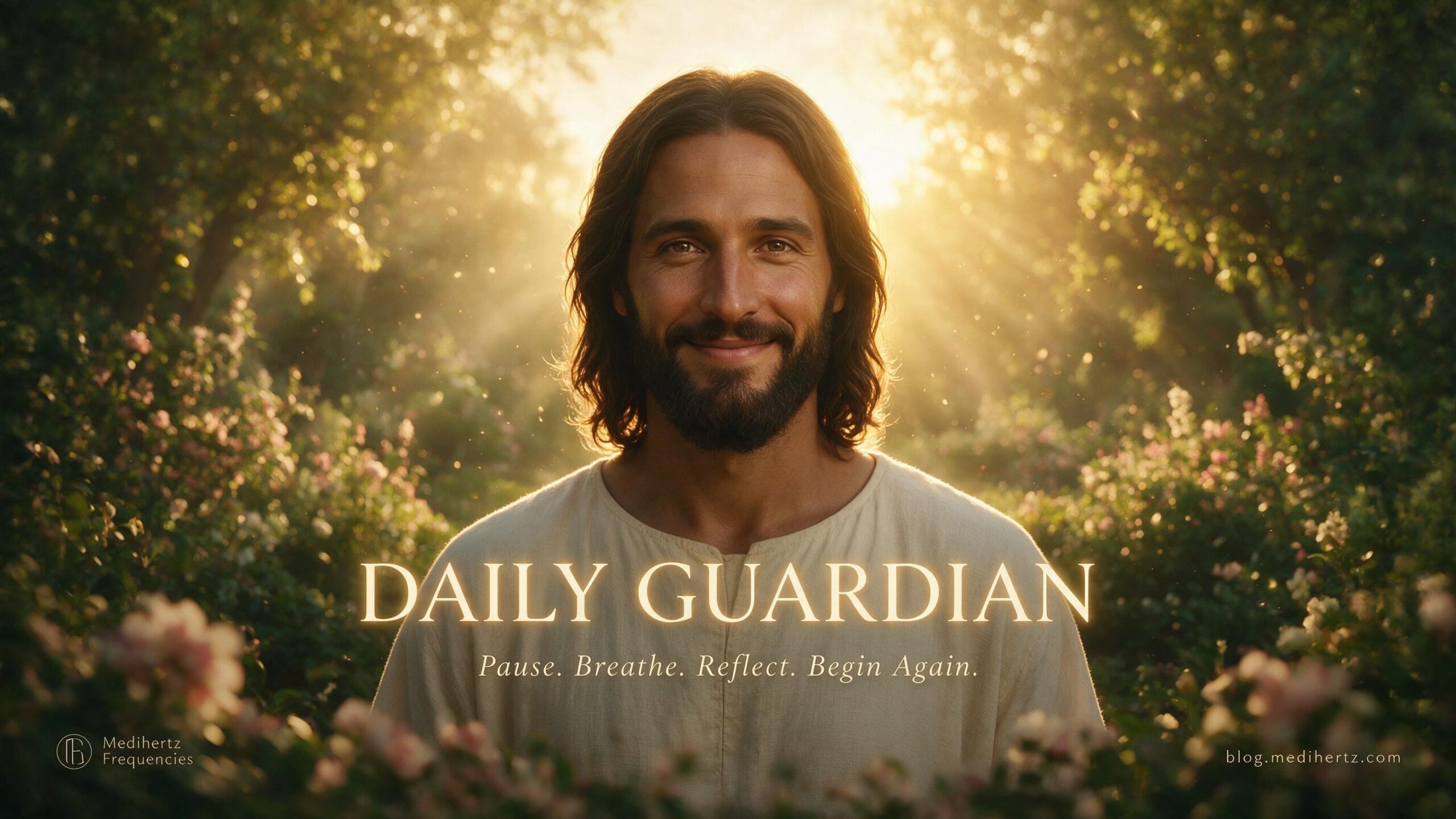 Jesus smiling in a beautiful golden spiritual garden for God's Message for Me Today Daily Guardian