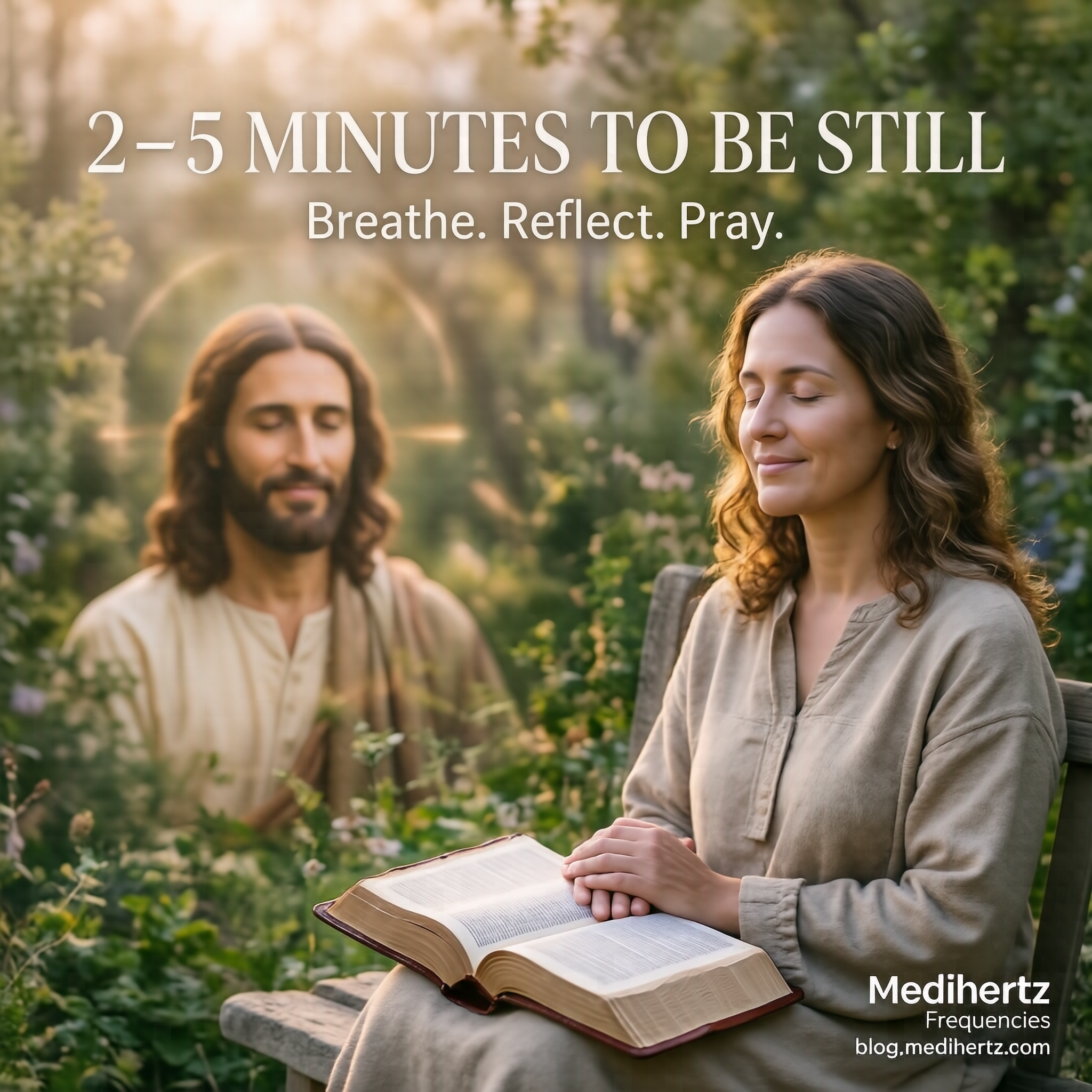 Jesus smiling in a golden spiritual garden for a Christian daily meditation and Bible reflection