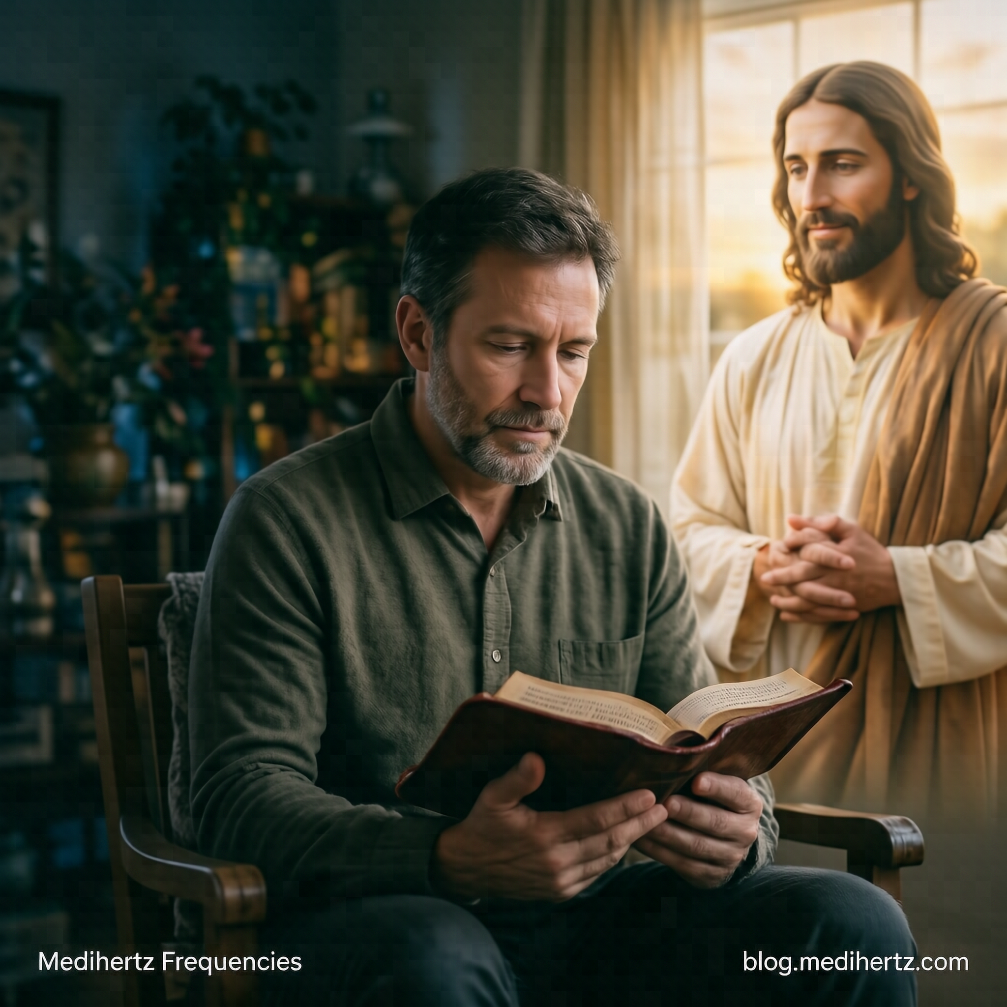 Jesus smiling in a golden spiritual garden for a Christian daily meditation and Bible reflection