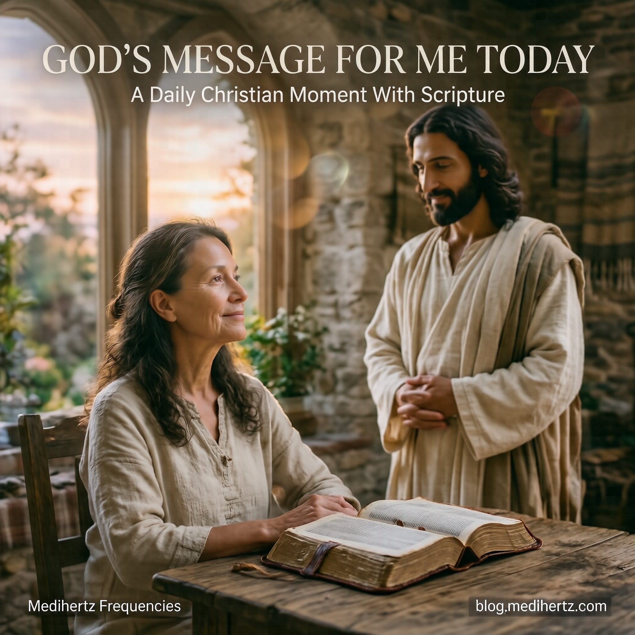 Jesus smiling in a golden spiritual garden for a Christian daily meditation and Bible reflection