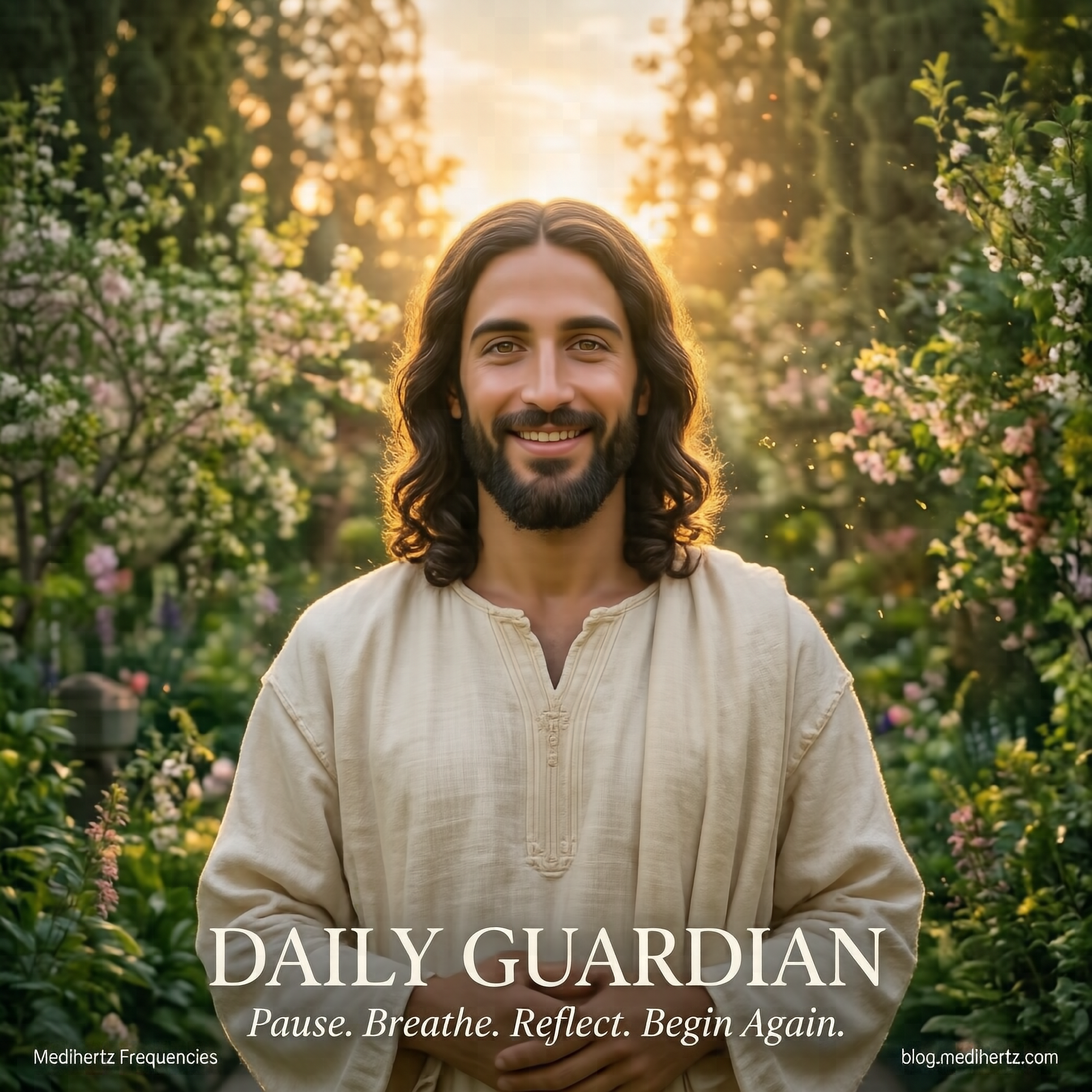 Jesus smiling in a golden spiritual garden for a Christian daily meditation and Bible reflection
