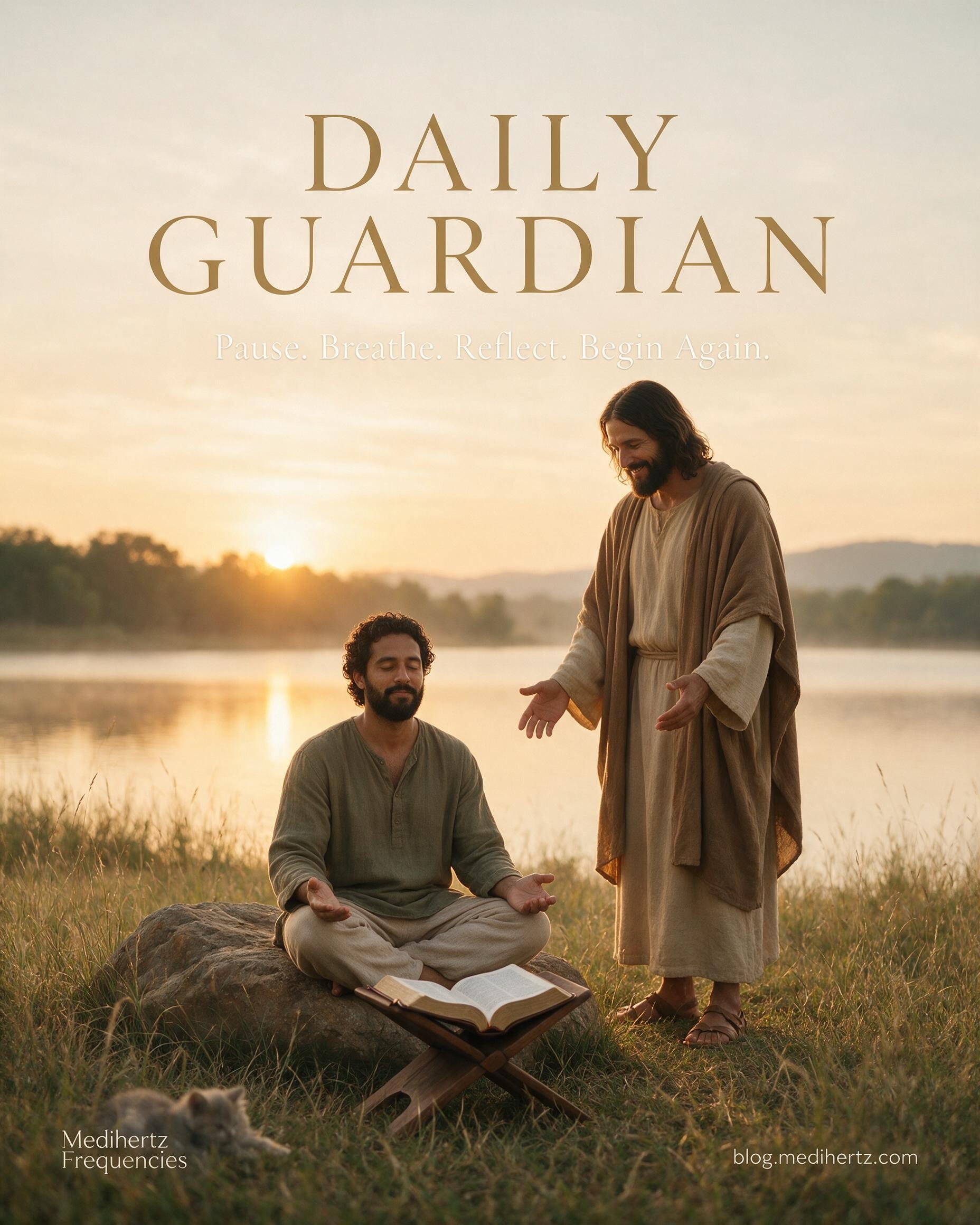 Jesus smiling with a golden spiritual aura during a daily Bible reflection and Christian meditation