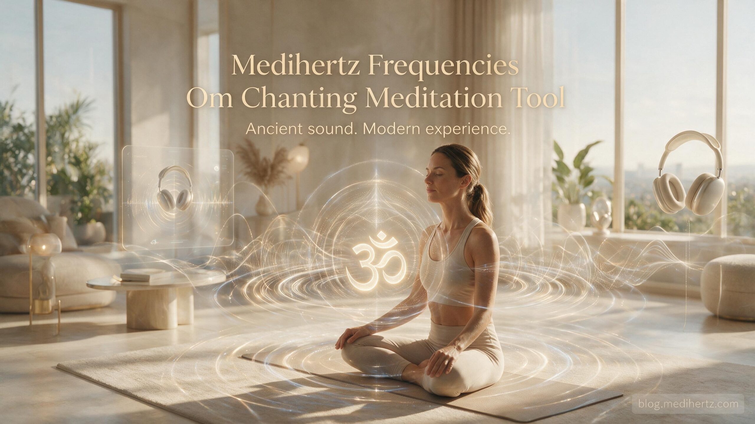 American woman practicing Om meditation with frequency and sound wave visualization