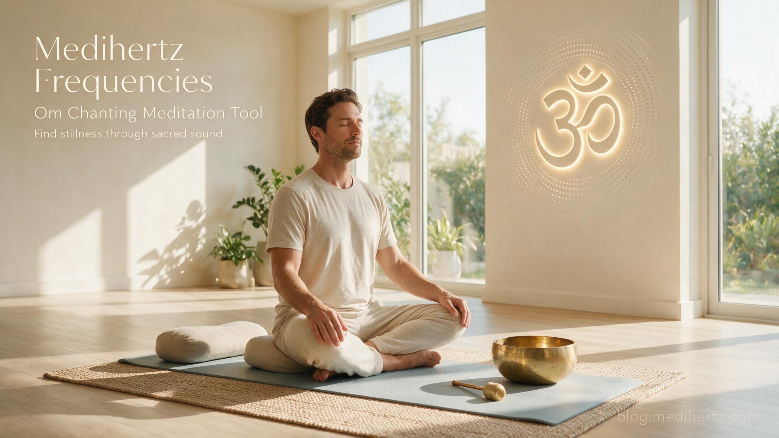 American woman practicing Om meditation with frequency and sound wave visualization