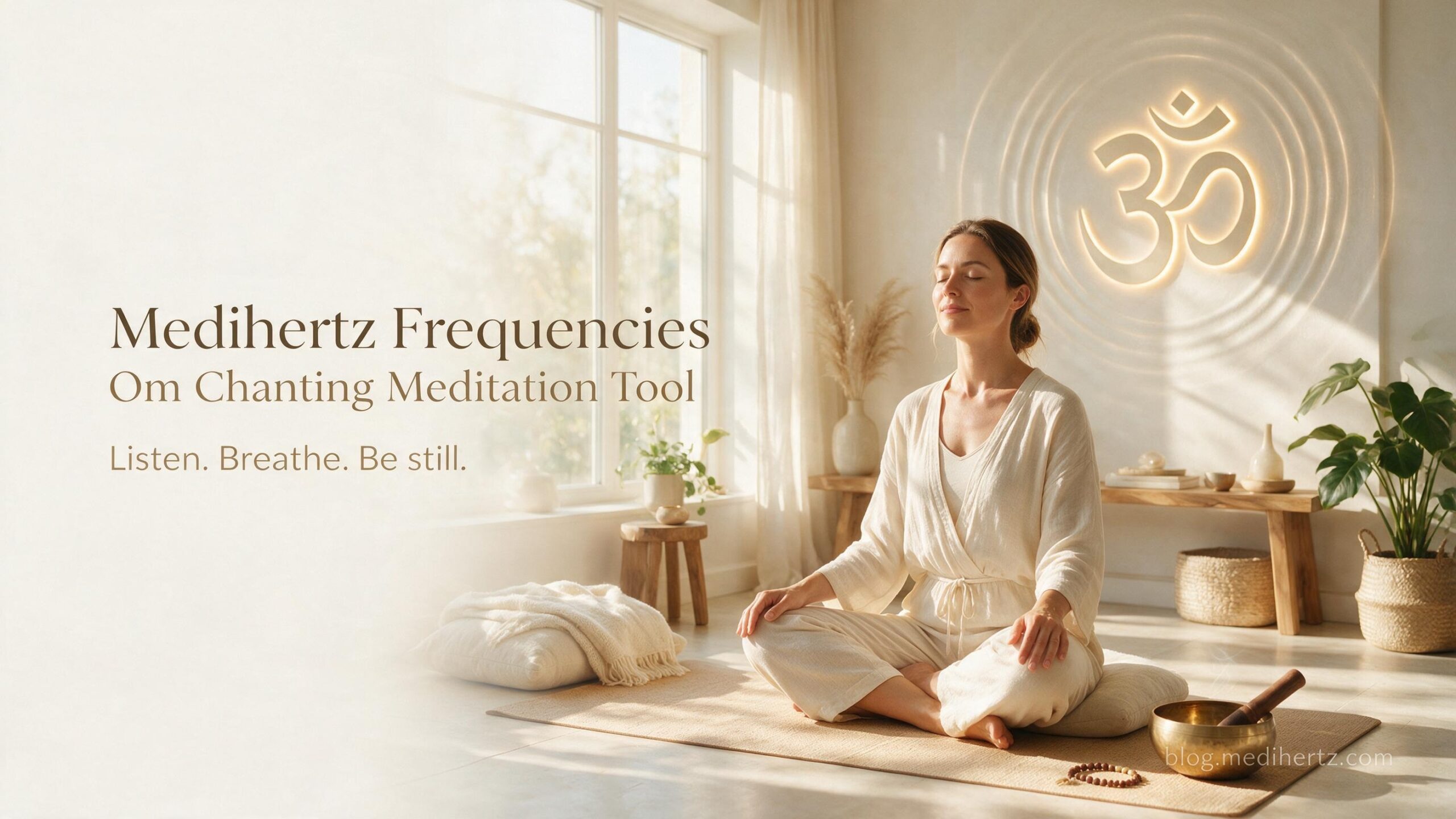 American woman practicing Om meditation with frequency and sound wave visualization