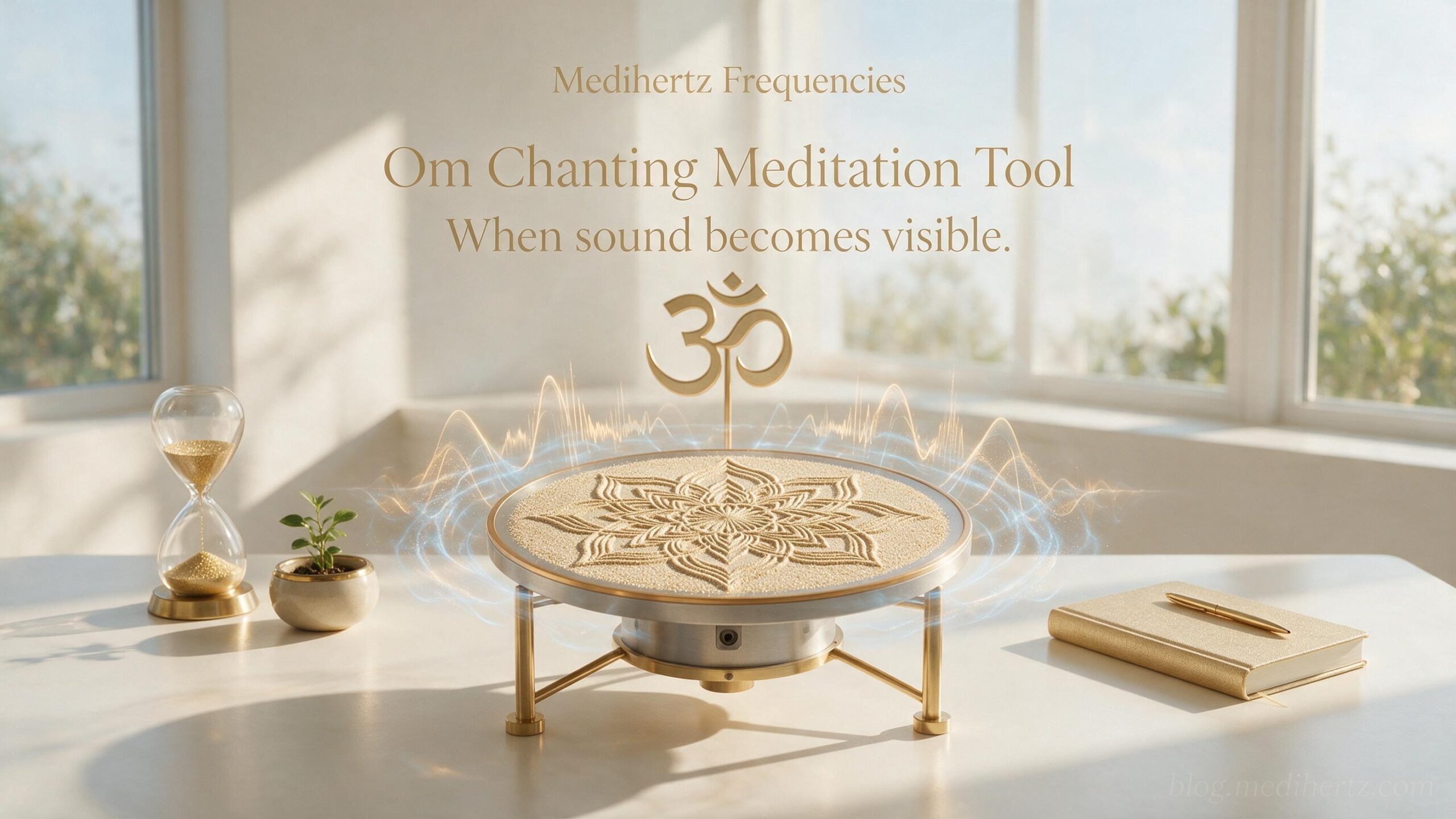 American woman practicing Om meditation with frequency and sound wave visualization