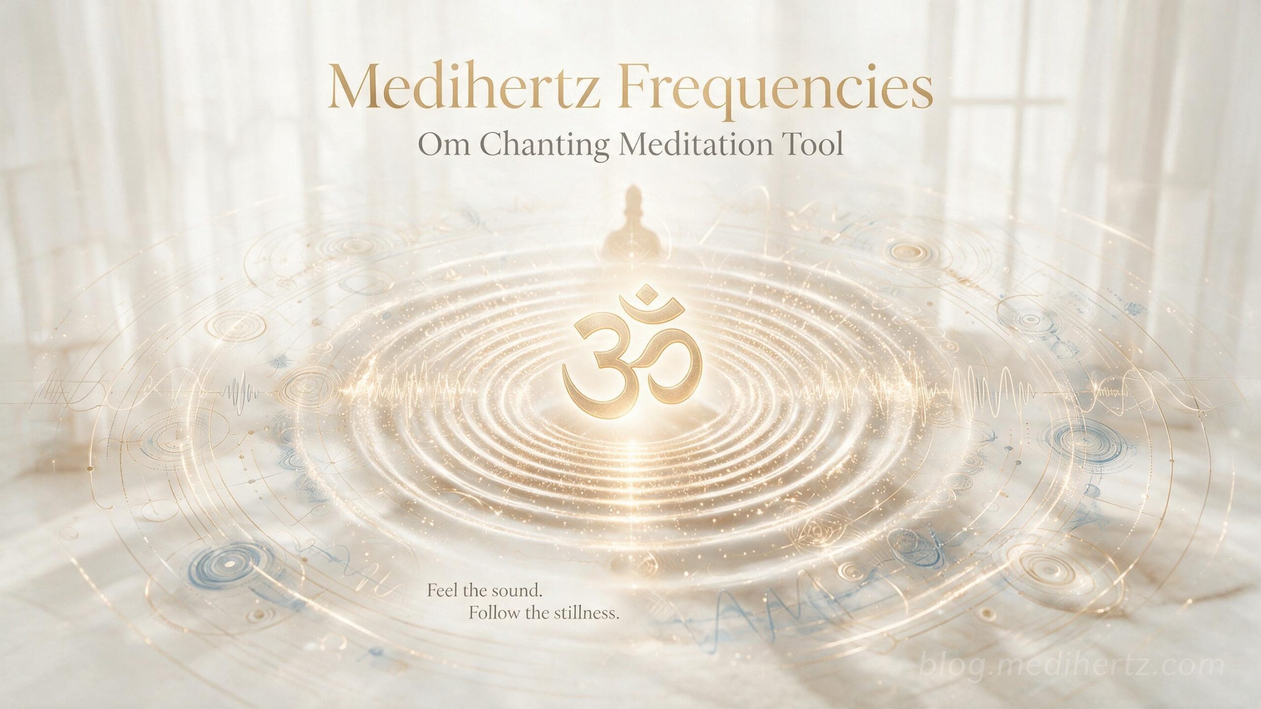 American woman practicing Om meditation with frequency and sound wave visualization