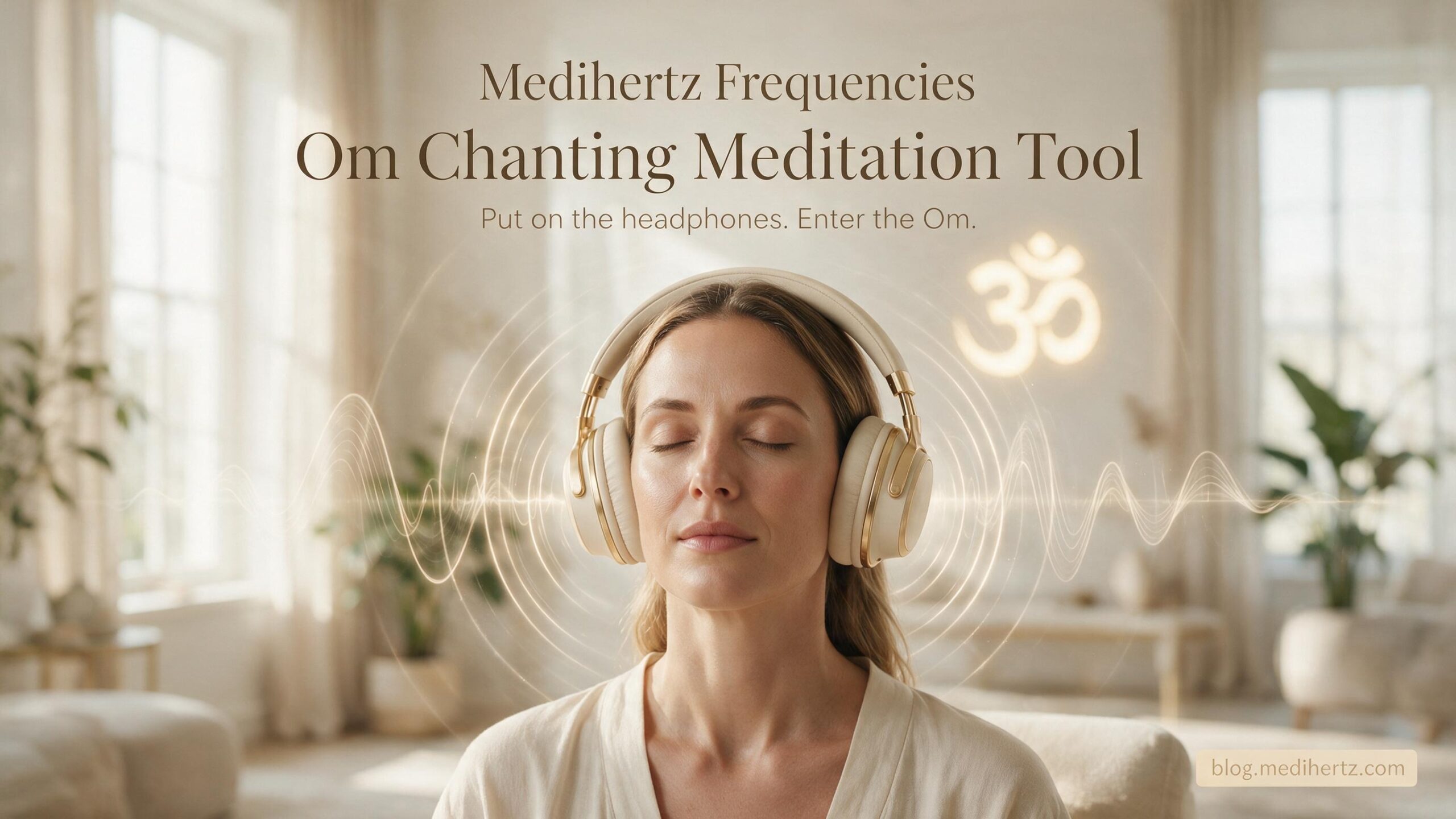 American woman practicing Om meditation with frequency and sound wave visualization