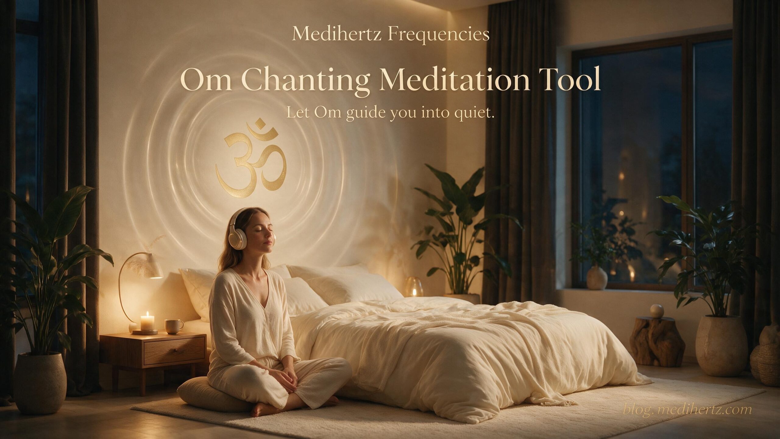 American woman practicing Om meditation with frequency and sound wave visualization