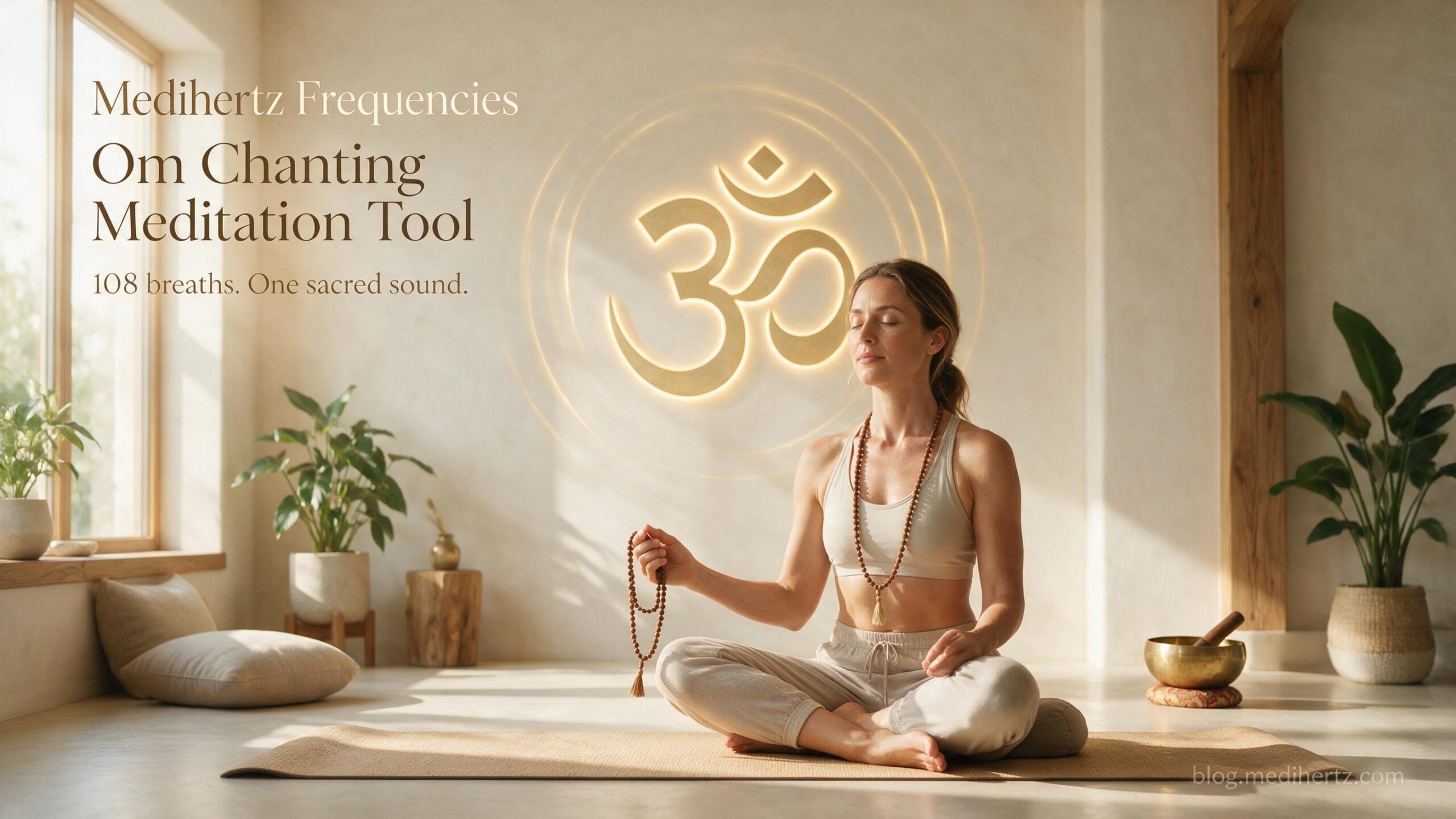American woman practicing Om meditation with frequency and sound wave visualization