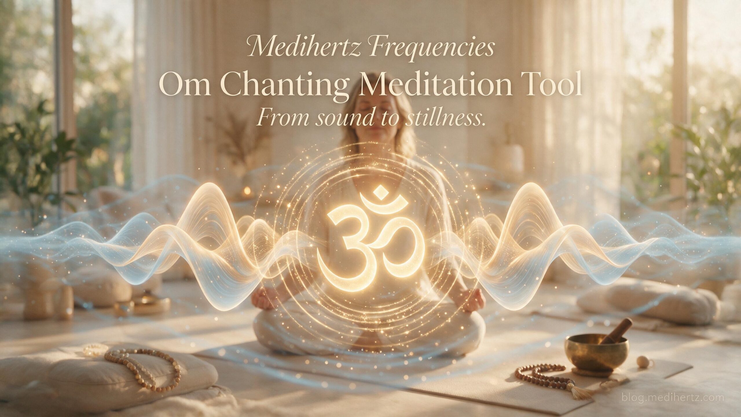 American woman practicing Om meditation with frequency and sound wave visualization