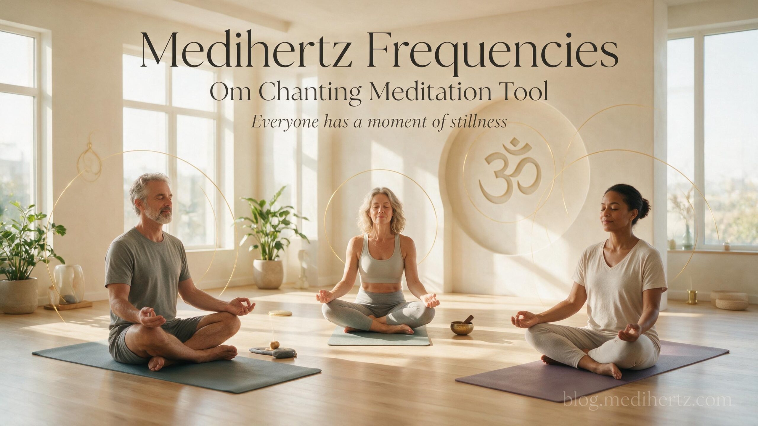 American woman practicing Om meditation with frequency and sound wave visualization