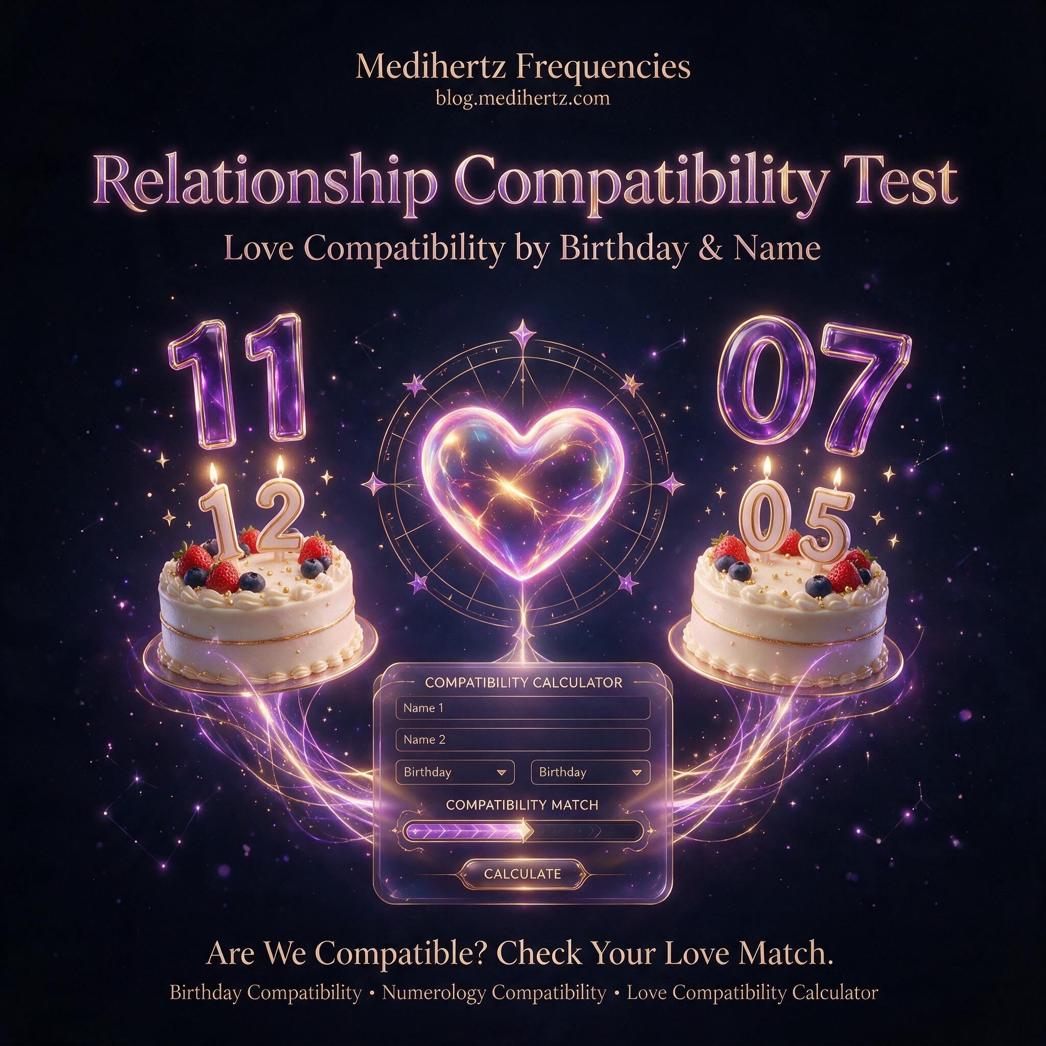 Relationship compatibility test showing name, birthday, and numerology compatibility options
