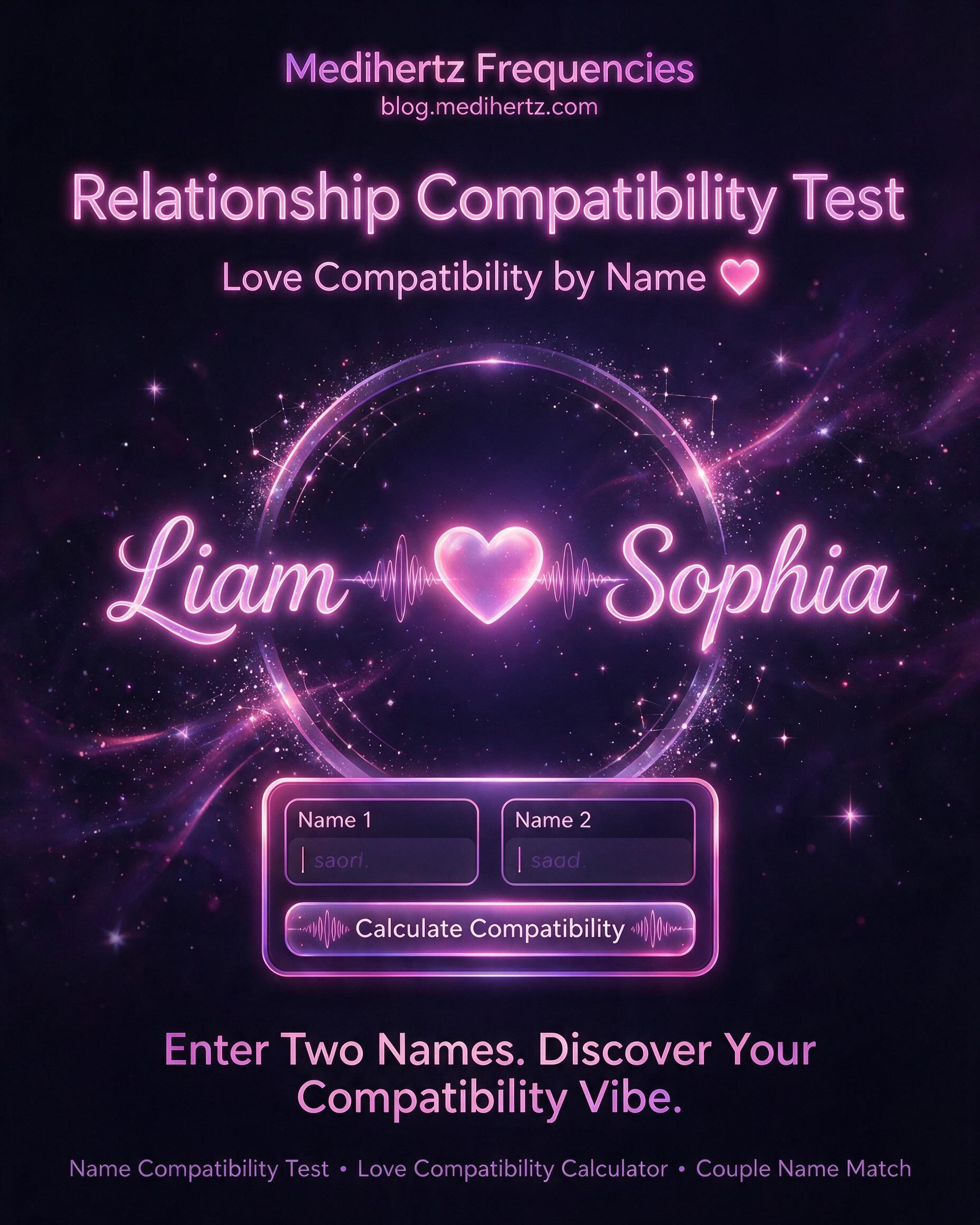 Relationship compatibility test showing name, birthday, and numerology compatibility options