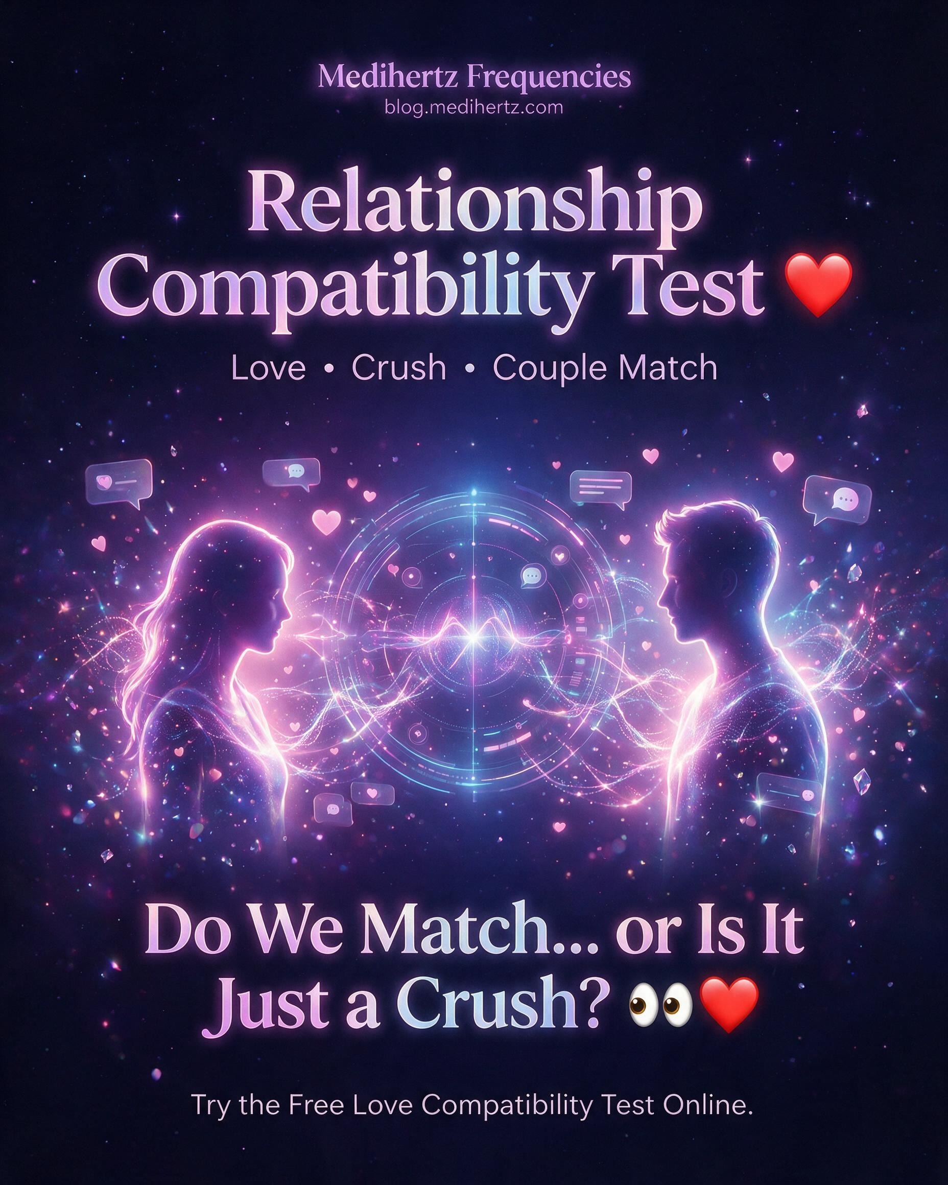 Relationship compatibility test showing name, birthday, and numerology compatibility options