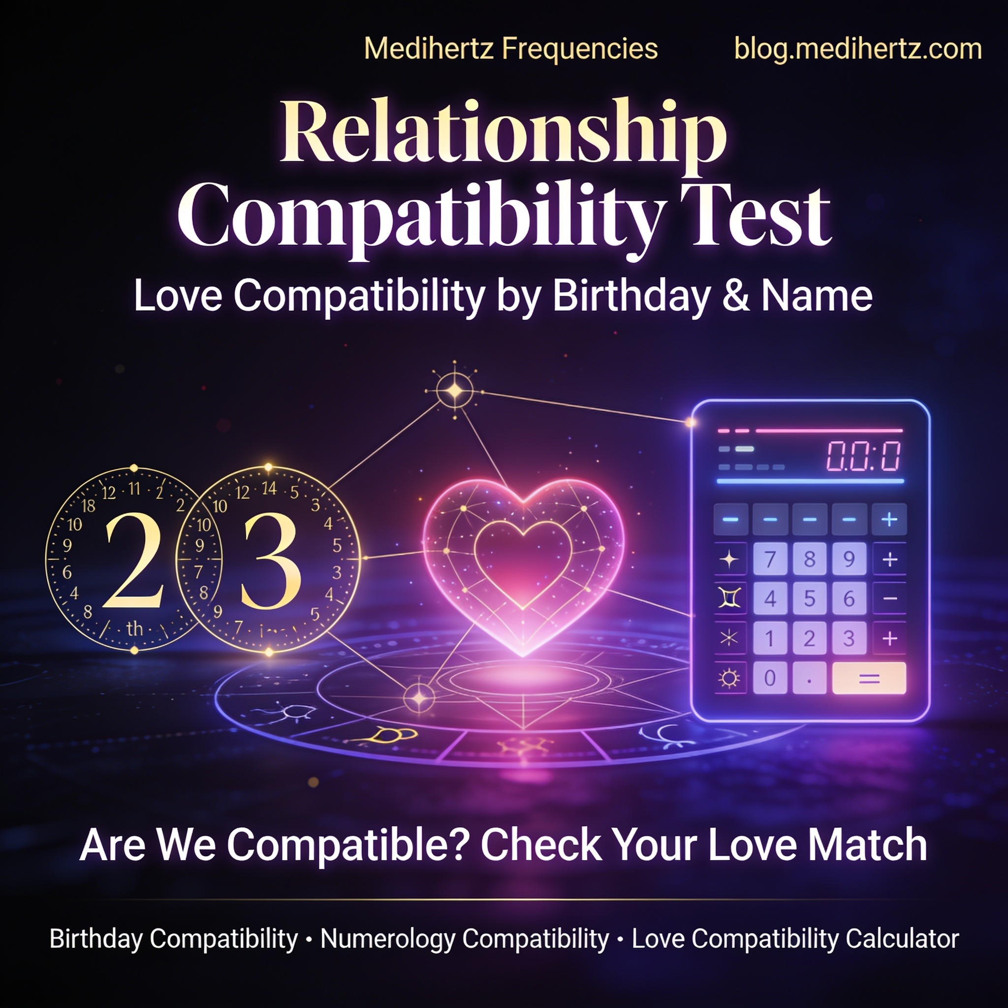 Relationship compatibility test showing name, birthday, and numerology compatibility options