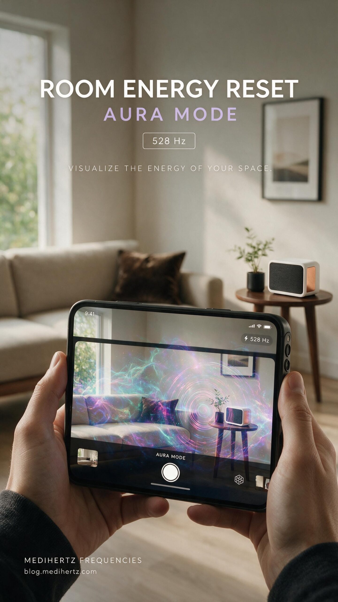 Room Energy Reset 8 Room Energy Reset by Medihertz Frequencies β visualize sound vibrations, frequency patterns, cymatics and room energy through a live camera in your home, bedroom, office, flat, apartment, living room, studio, pooja ghar, workspace and other indoor spaces.