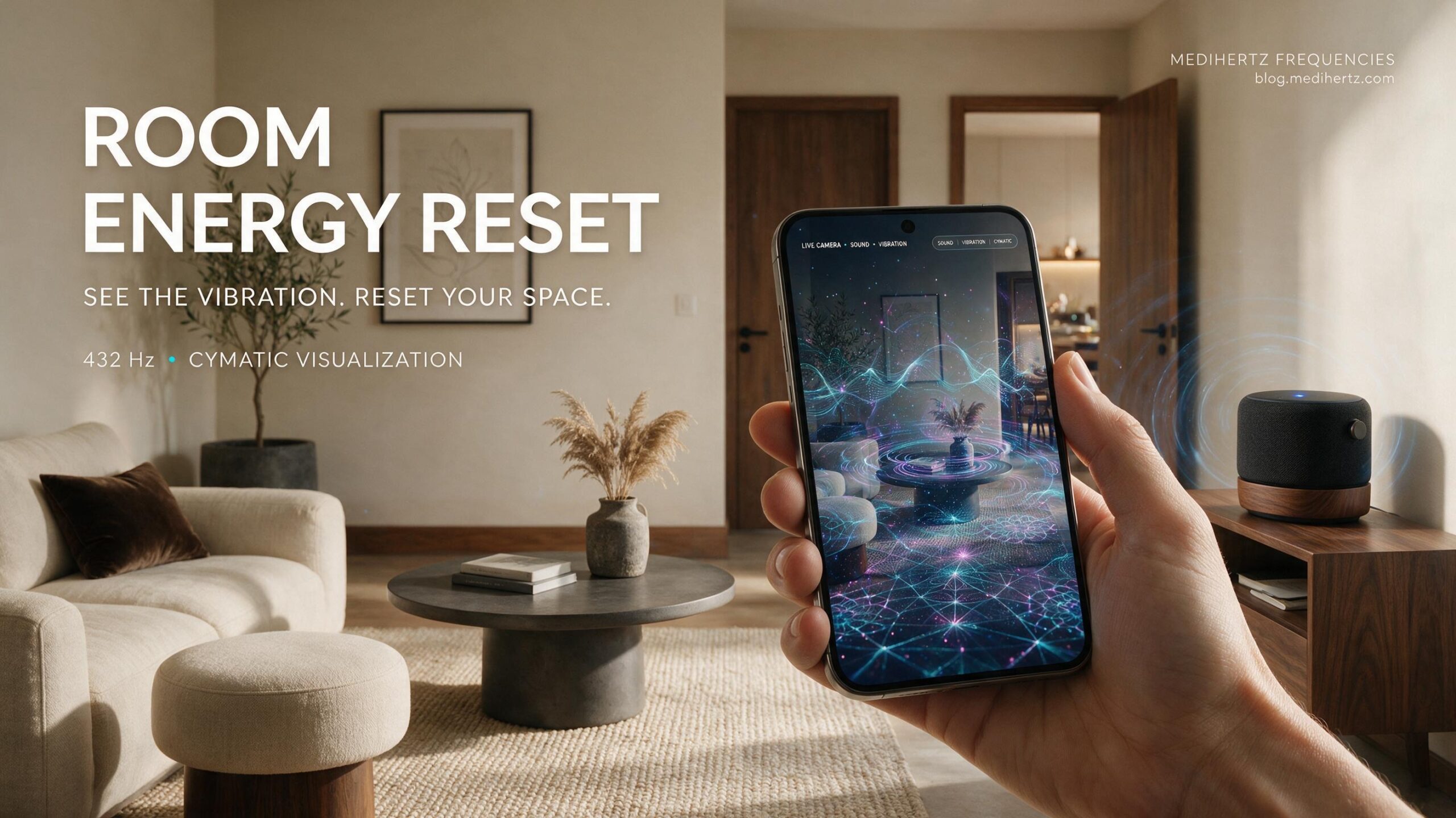 Room Energy Reset 1 Room Energy Reset by Medihertz Frequencies β visualize sound vibrations, frequency patterns, cymatics and room energy through a live camera in your home, bedroom, office, flat, apartment, living room, studio, pooja ghar, workspace and other indoor spaces.