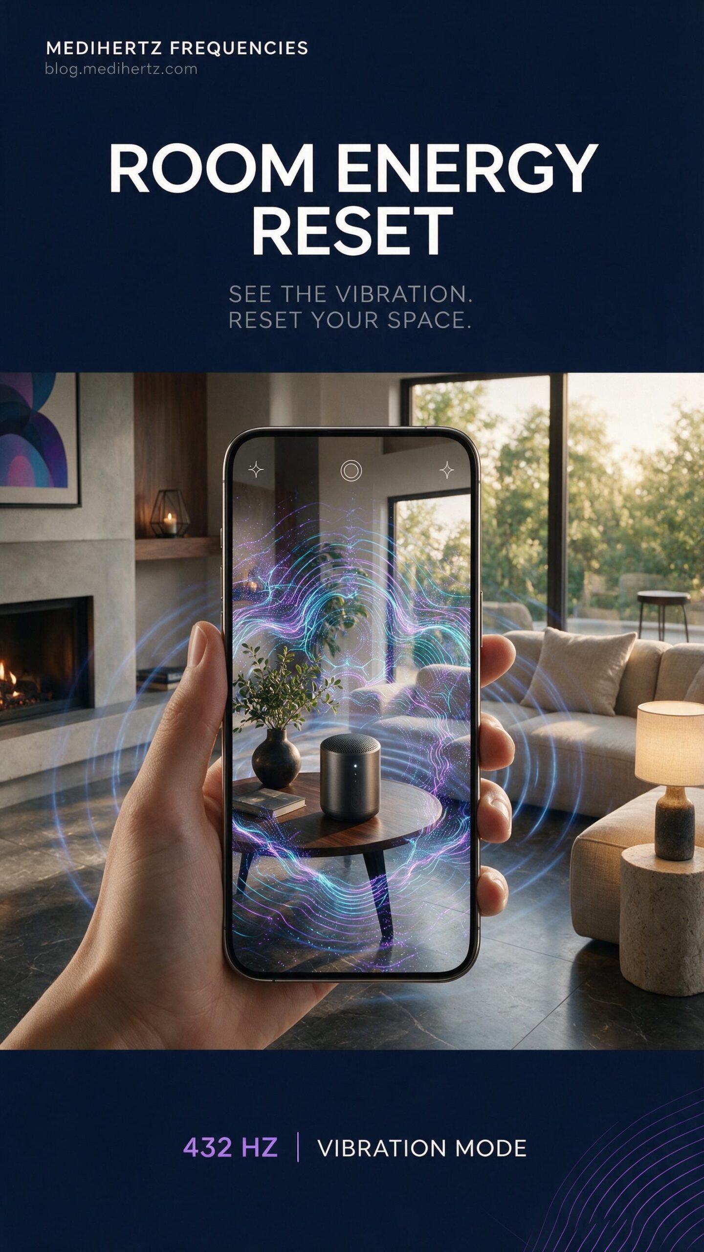 Room Energy Reset 6 Room Energy Reset by Medihertz Frequencies β visualize sound vibrations, frequency patterns, cymatics and room energy through a live camera in your home, bedroom, office, flat, apartment, living room, studio, pooja ghar, workspace and other indoor spaces.