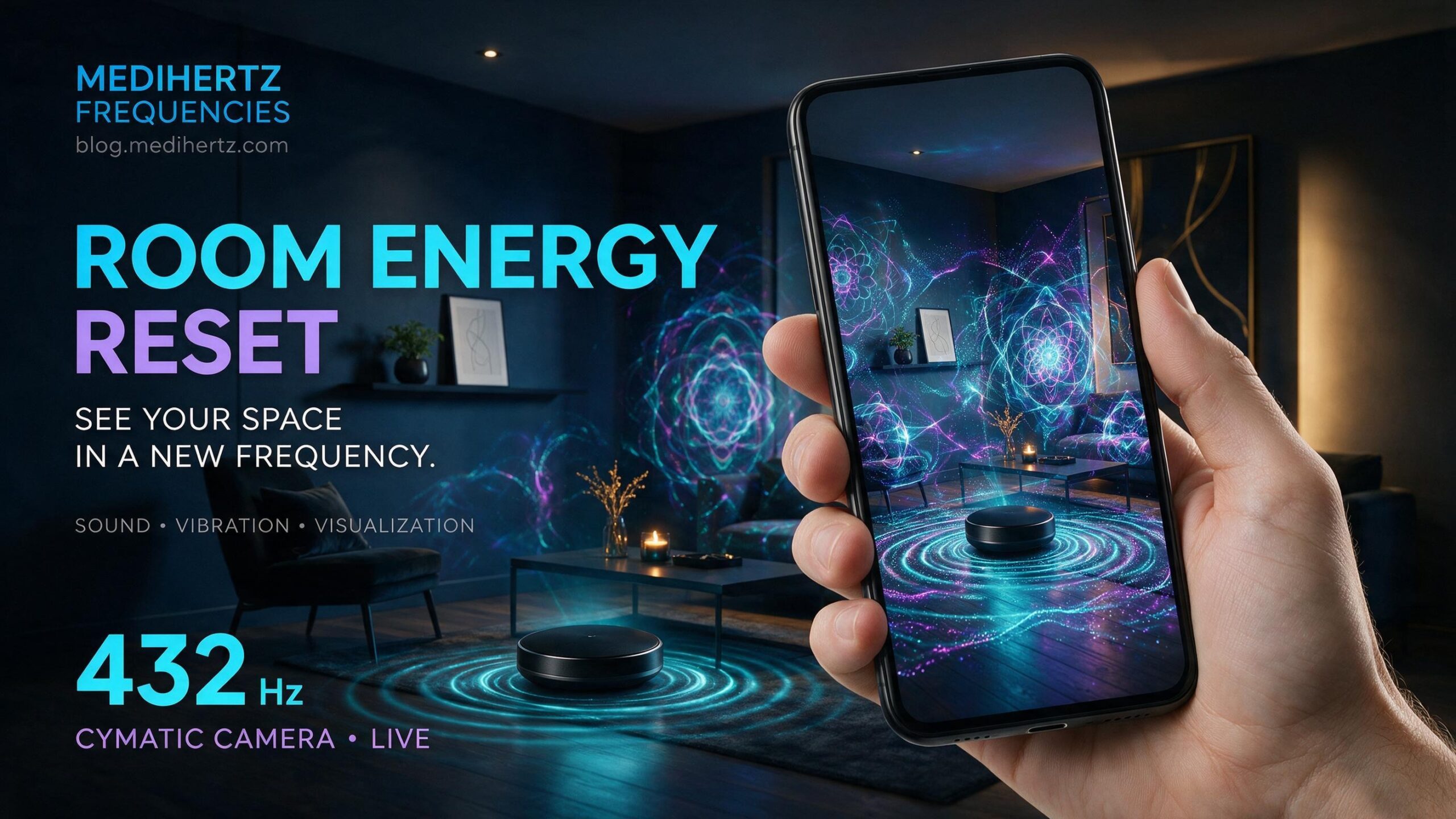 Room Energy Reset 3 Room Energy Reset by Medihertz Frequencies β visualize sound vibrations, frequency patterns, cymatics and room energy through a live camera in your home, bedroom, office, flat, apartment, living room, studio, pooja ghar, workspace and other indoor spaces.
