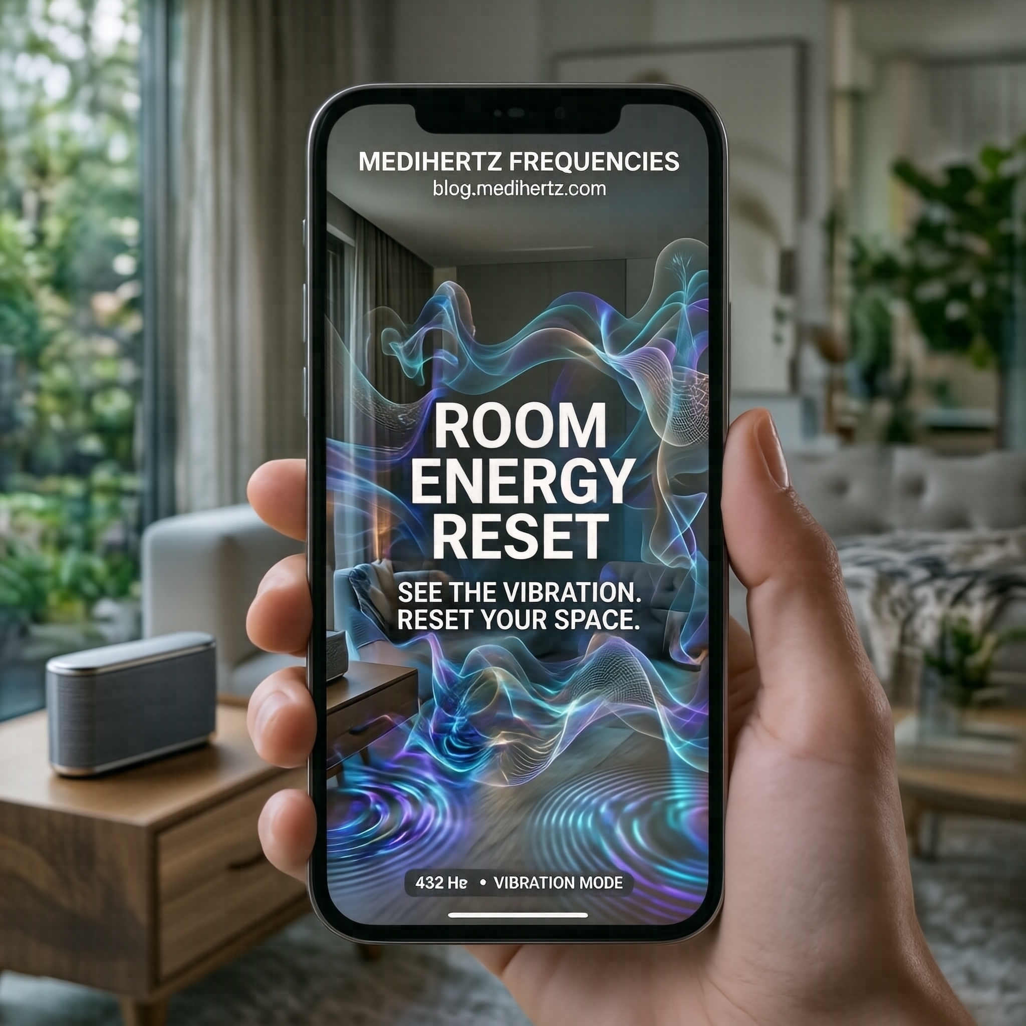 Room Energy Reset 4 Room Energy Reset by Medihertz Frequencies β visualize sound vibrations, frequency patterns, cymatics and room energy through a live camera in your home, bedroom, office, flat, apartment, living room, studio, pooja ghar, workspace and other indoor spaces.
