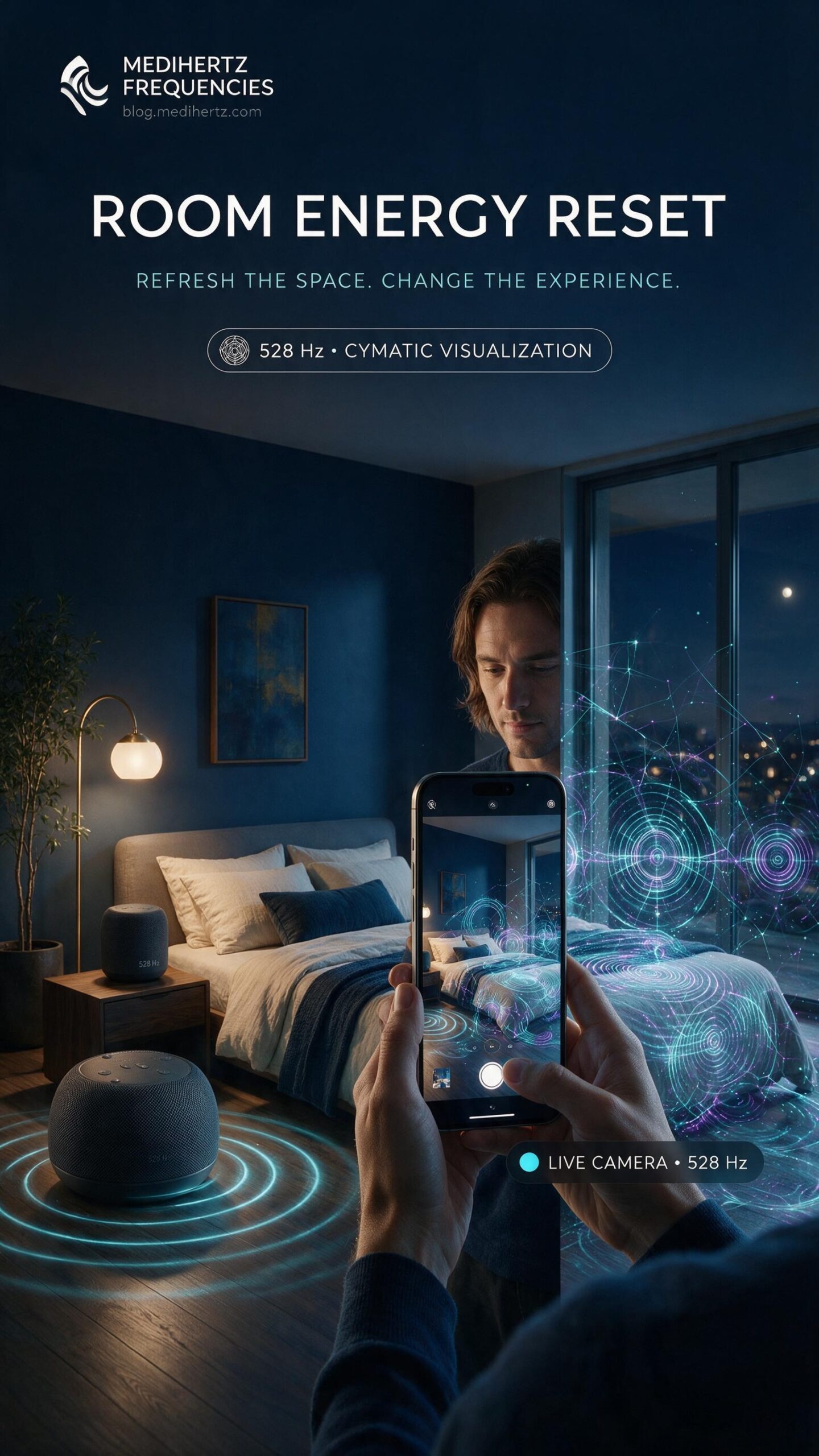 Room Energy Reset 5 Room Energy Reset by Medihertz Frequencies β visualize sound vibrations, frequency patterns, cymatics and room energy through a live camera in your home, bedroom, office, flat, apartment, living room, studio, pooja ghar, workspace and other indoor spaces.