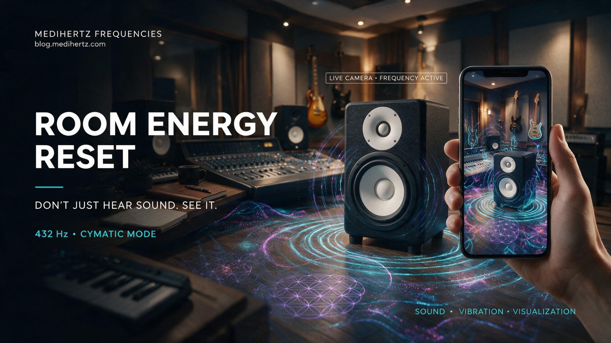 Room Energy Reset 7 Room Energy Reset by Medihertz Frequencies β visualize sound vibrations, frequency patterns, cymatics and room energy through a live camera in your home, bedroom, office, flat, apartment, living room, studio, pooja ghar, workspace and other indoor spaces.