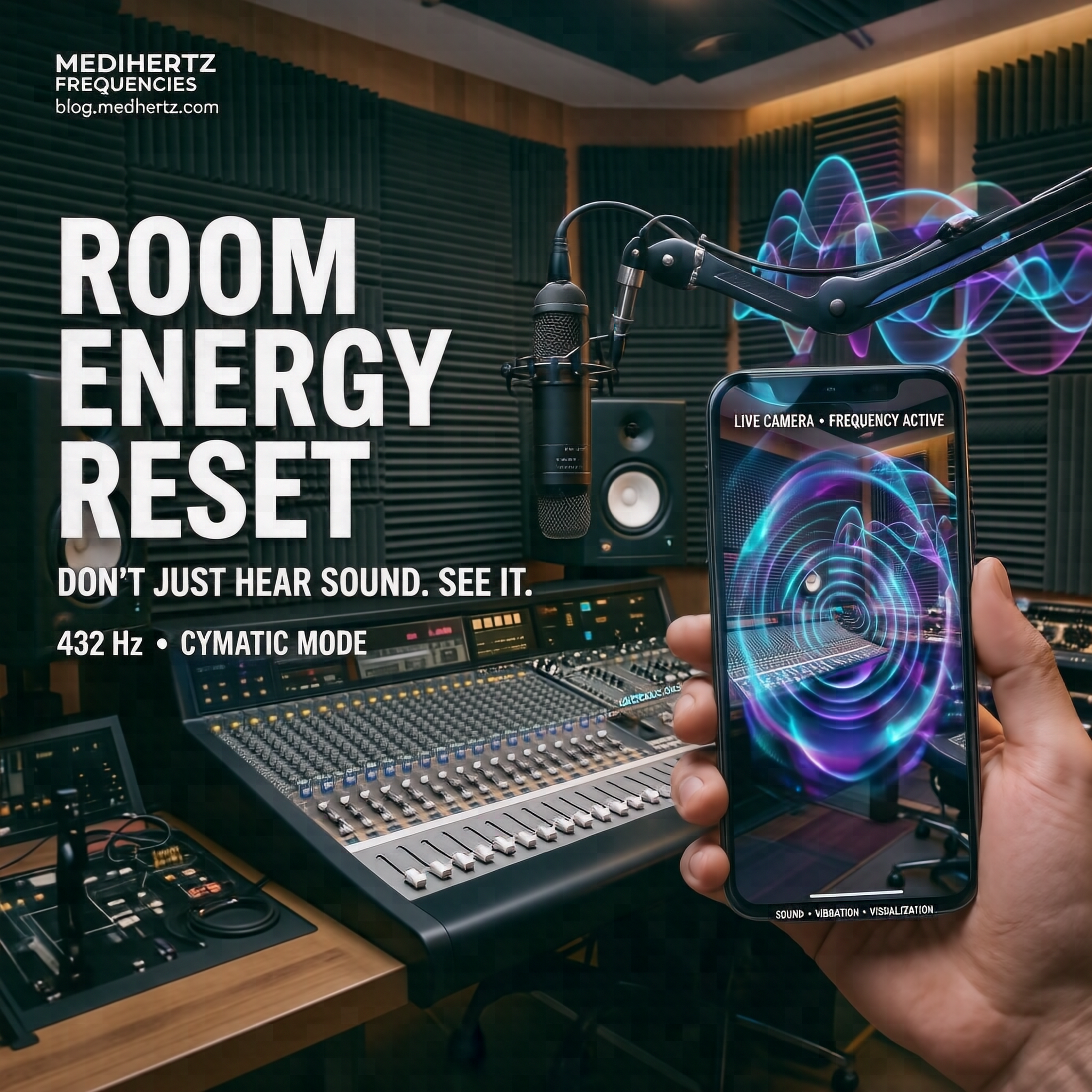 Room Energy Reset 10 Room Energy Reset by Medihertz Frequencies β visualize sound vibrations, frequency patterns, cymatics and room energy through a live camera in your home, bedroom, office, flat, apartment, living room, studio, pooja ghar, workspace and other indoor spaces.