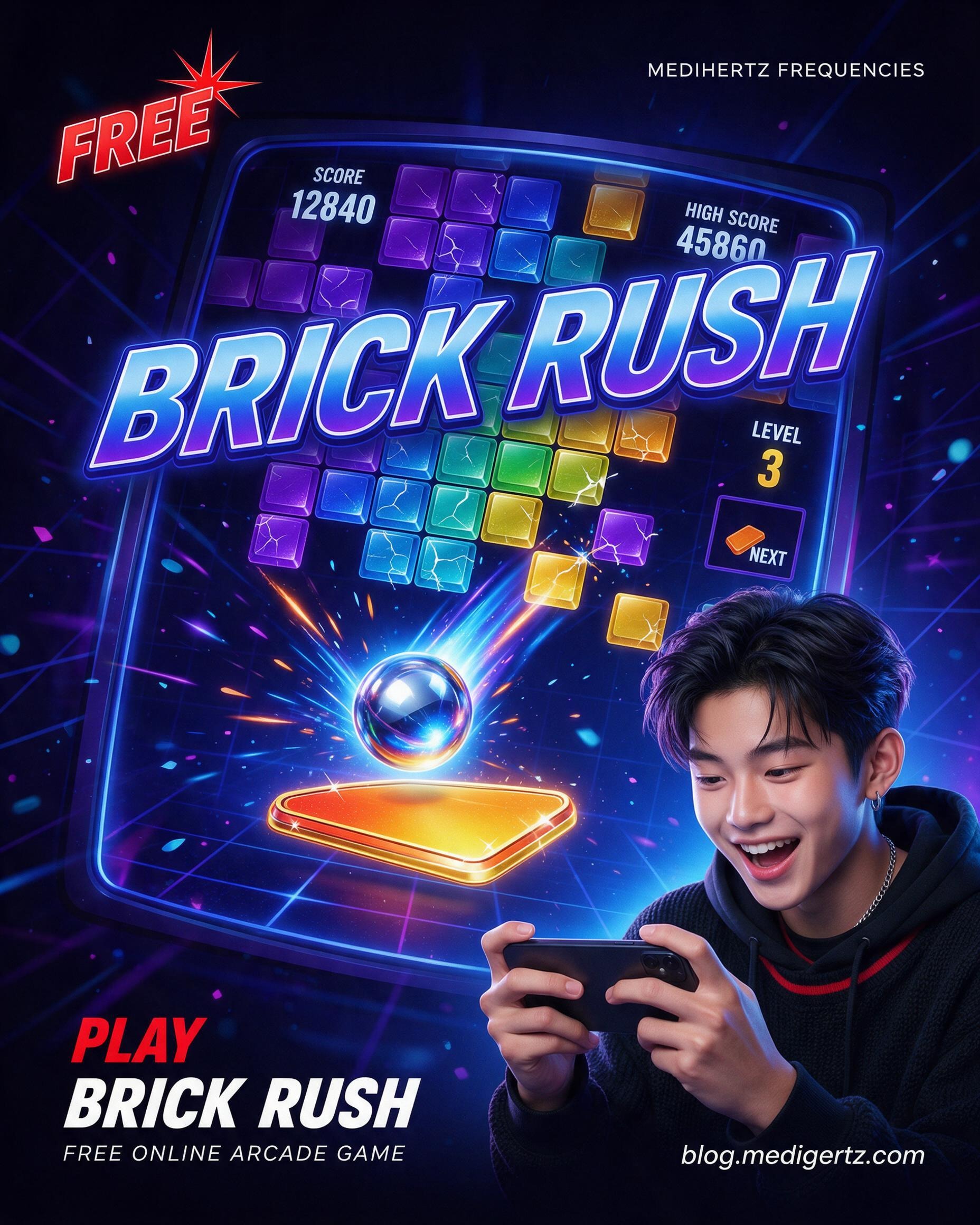 Brick Rush mobile-friendly brick breaker game from Medihertz Frequencies