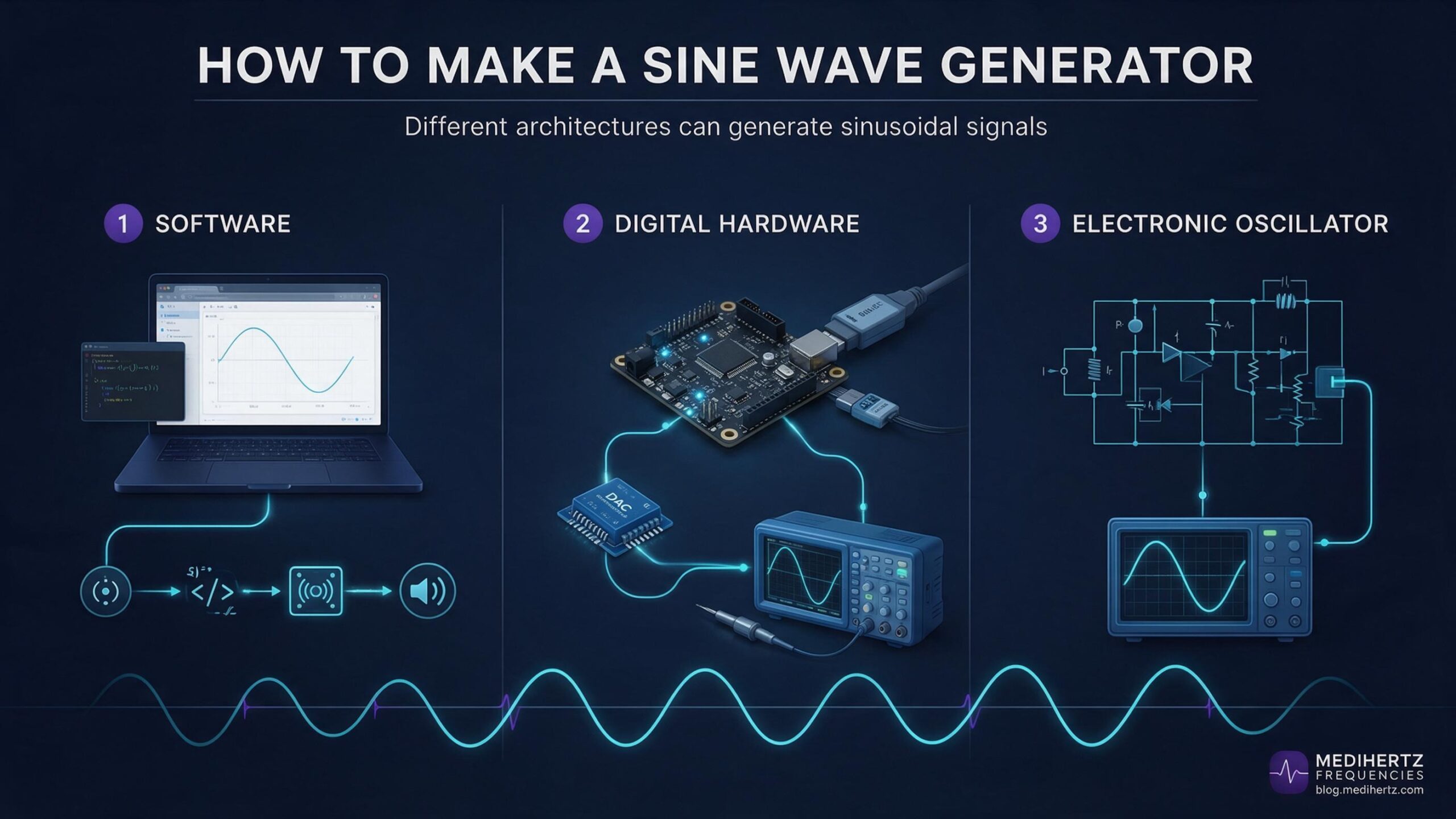 How to make a sine wave generator showing software oscillator and electronic signal generation methods