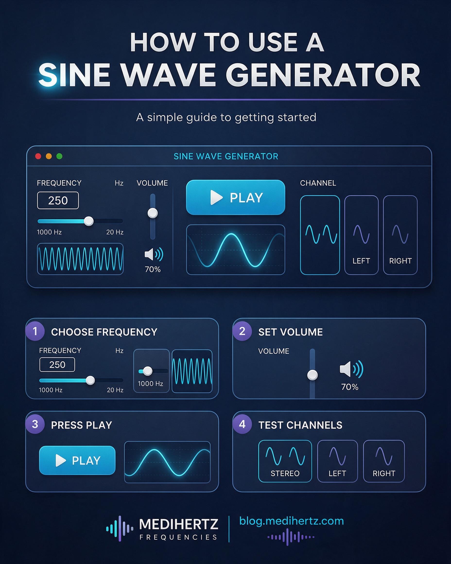 How to use an online sine wave generator showing frequency volume play and stereo controls