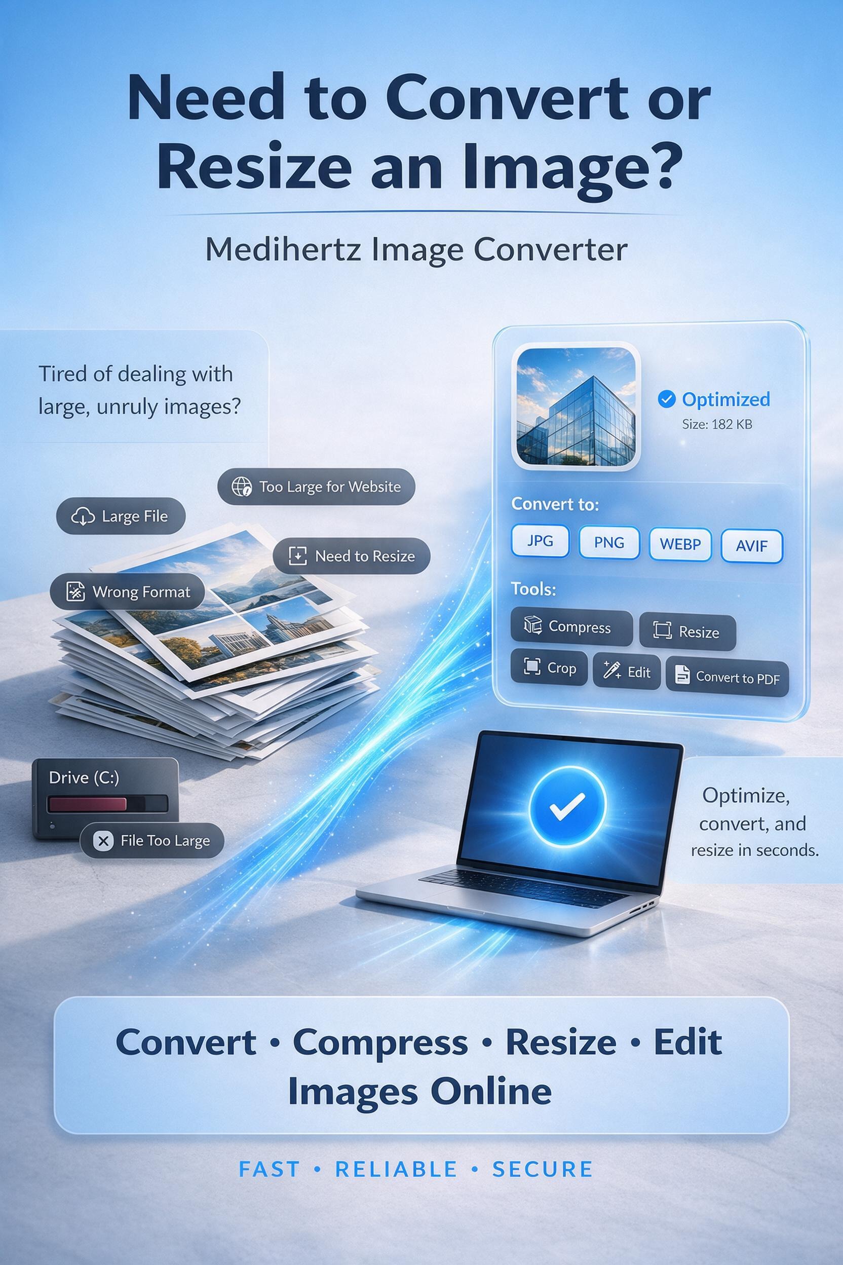 Image converter for JPG, PNG and WEBP conversion, compression, resizing and PDF creation