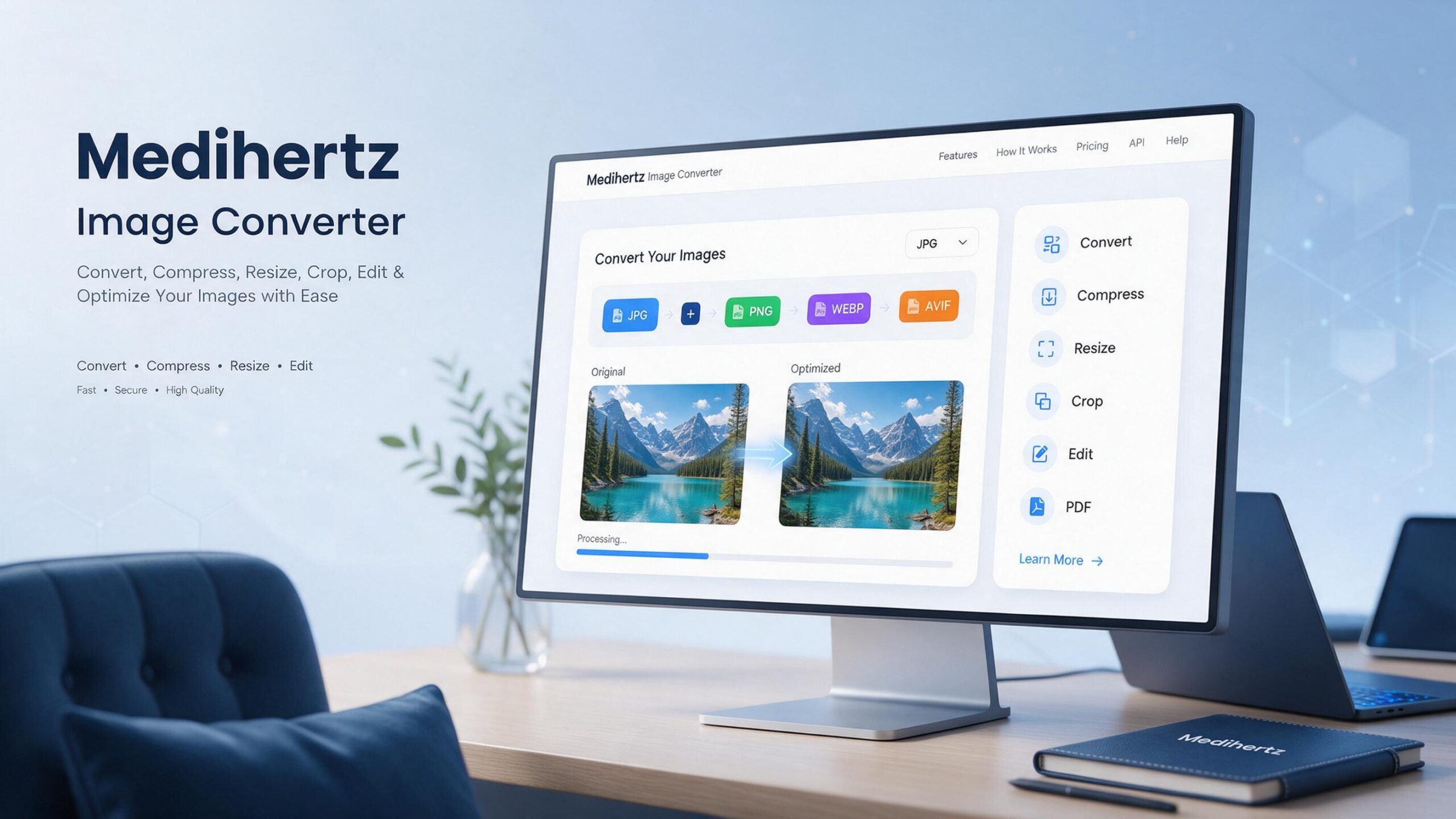 Medihertz Image Converter for converting JPG, PNG, WEBP and AVIF images online