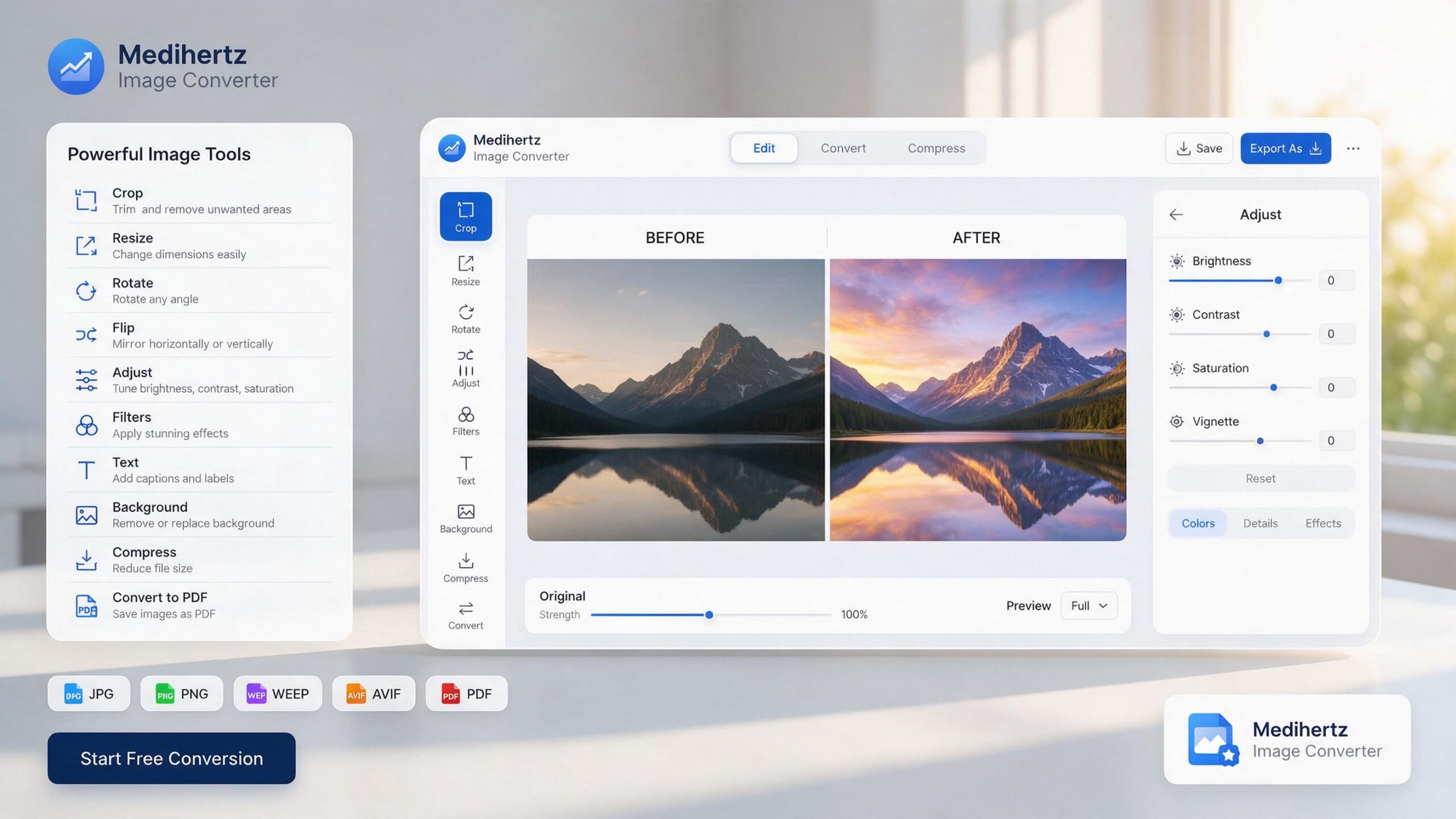 Medihertz Image Converter for converting JPG, PNG, WEBP and AVIF images online