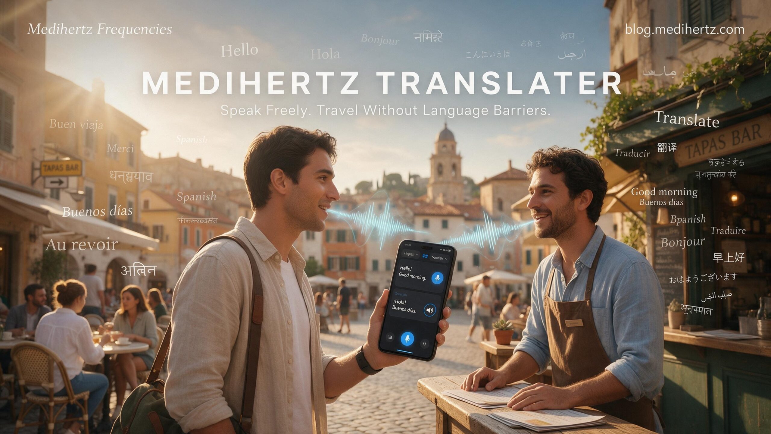 Medihertz Translator helping a traveler communicate with a local using voice translation in a foreign language