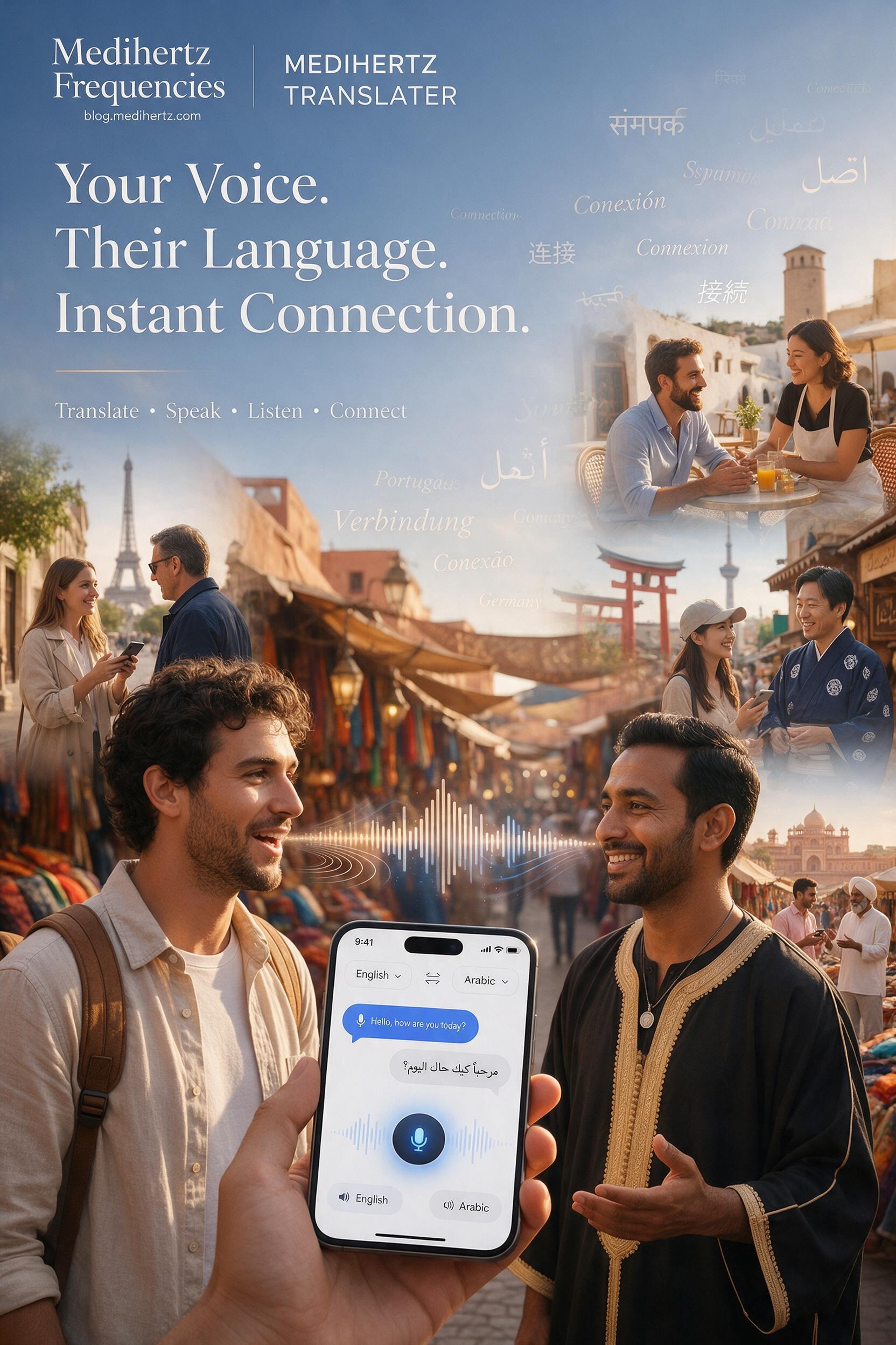 Traveler using Medihertz Translator for voice translation while communicating with a local in a foreign country