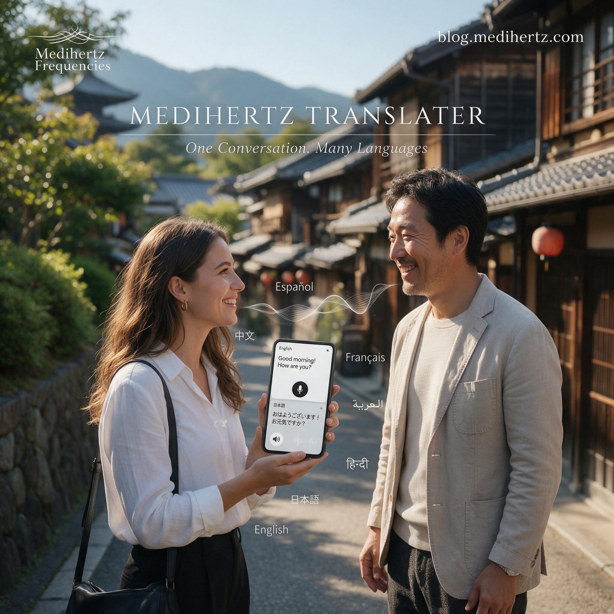 Traveler using Medihertz Translator to communicate with a local in Japan through English to Japanese voice translation