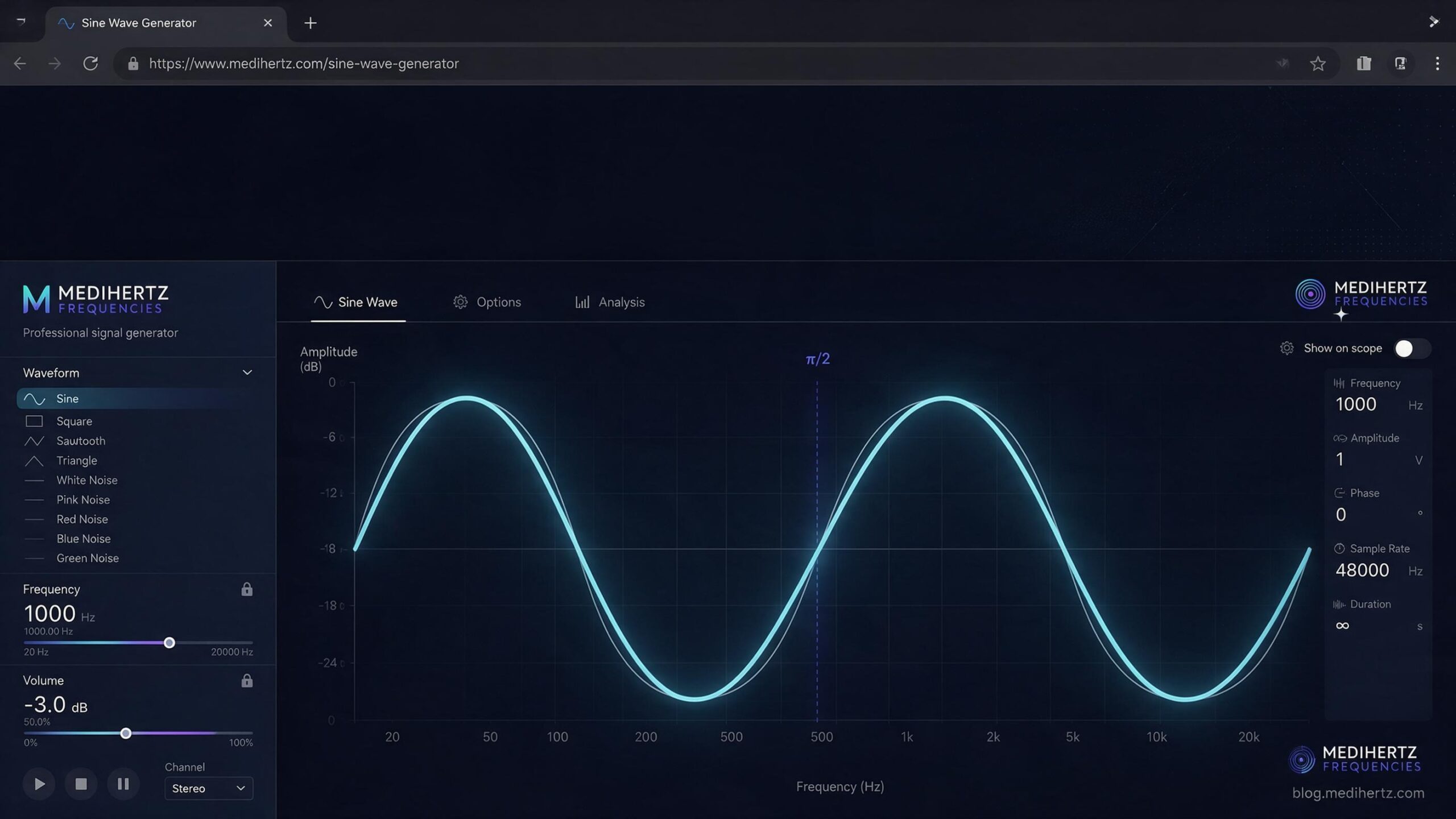 Online sine wave generator displaying a pure sine waveform and adjustable frequency controls
