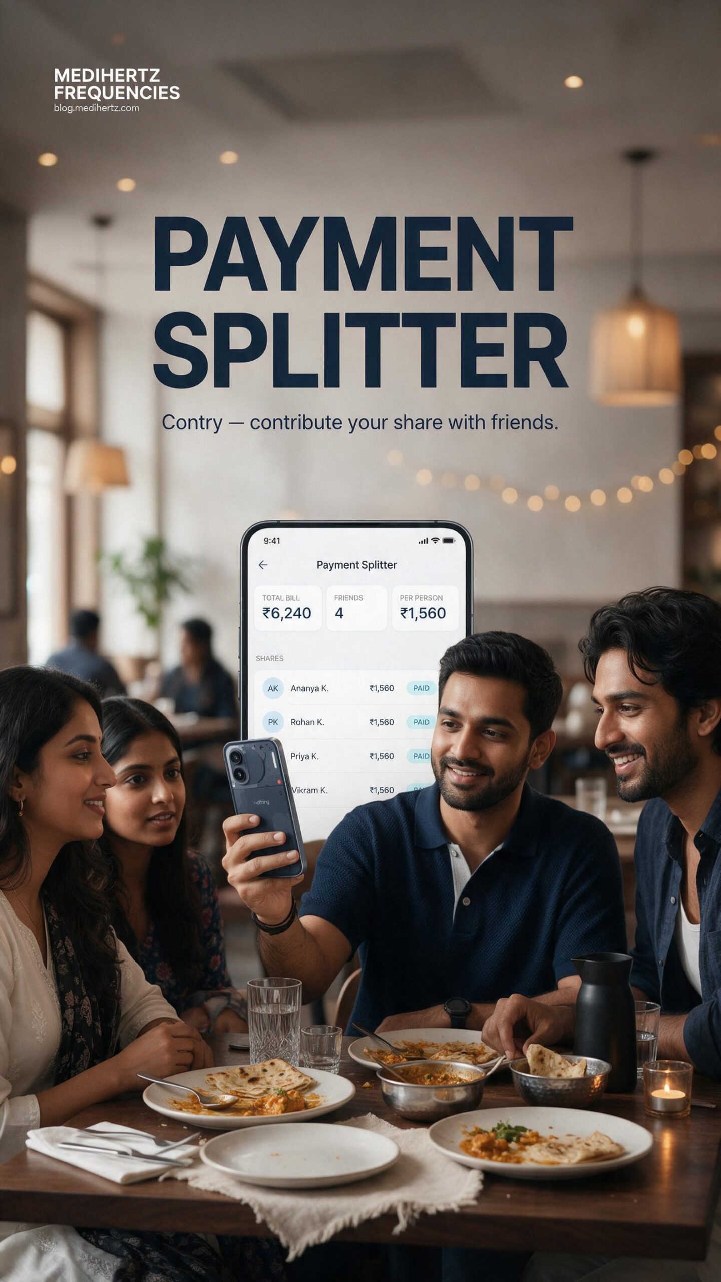 Payment Splitter Contry for Indian friends splitting a restaurant bill and contributing their share