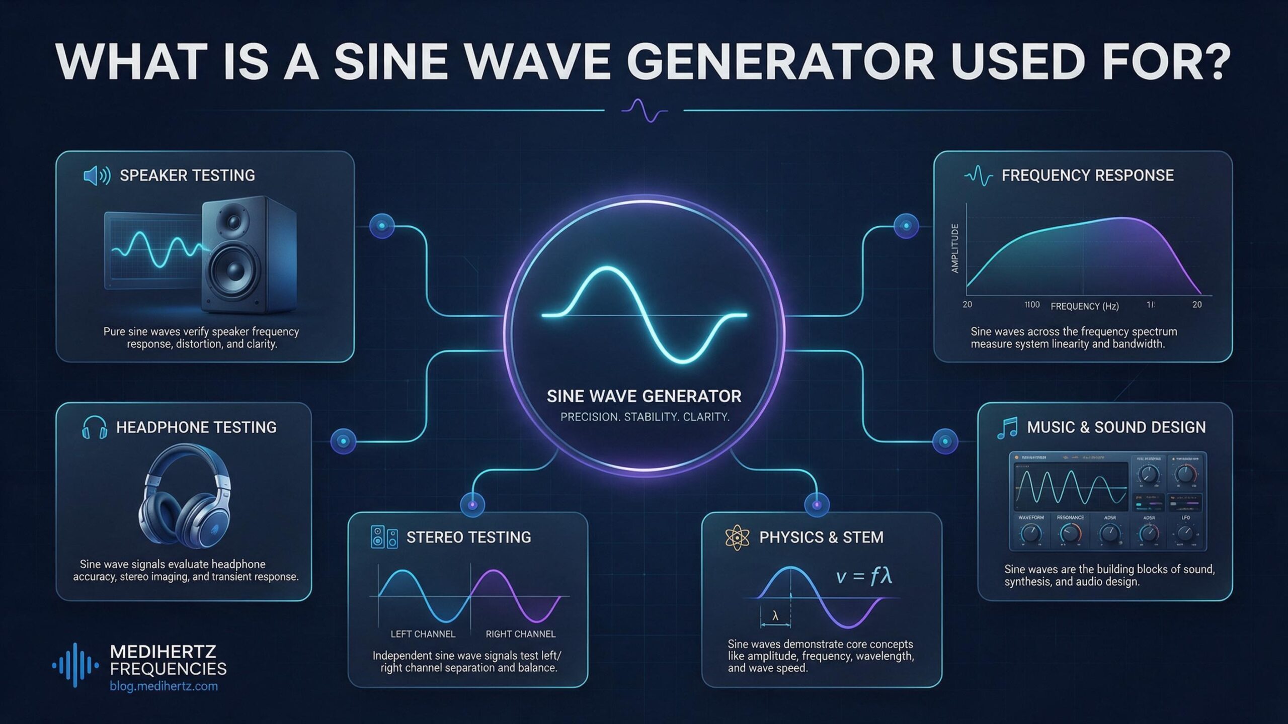 Sine wave generator uses including speaker testing headphone testing audio experiments and STEM education